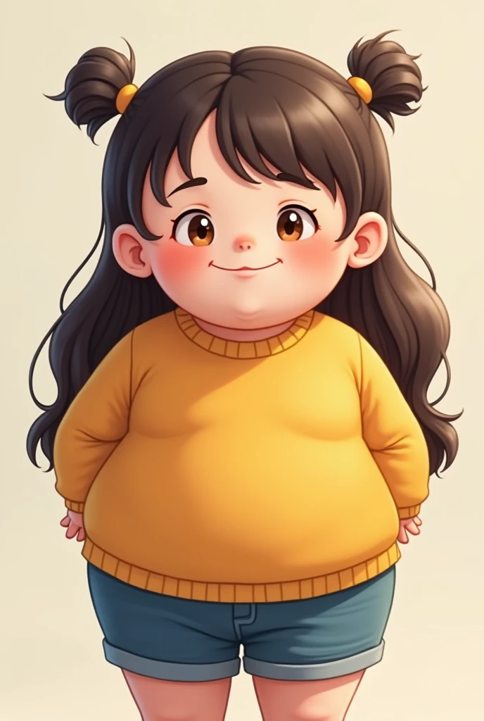 A korean girl, age 12, very fat, thick thighs, round belly, happy