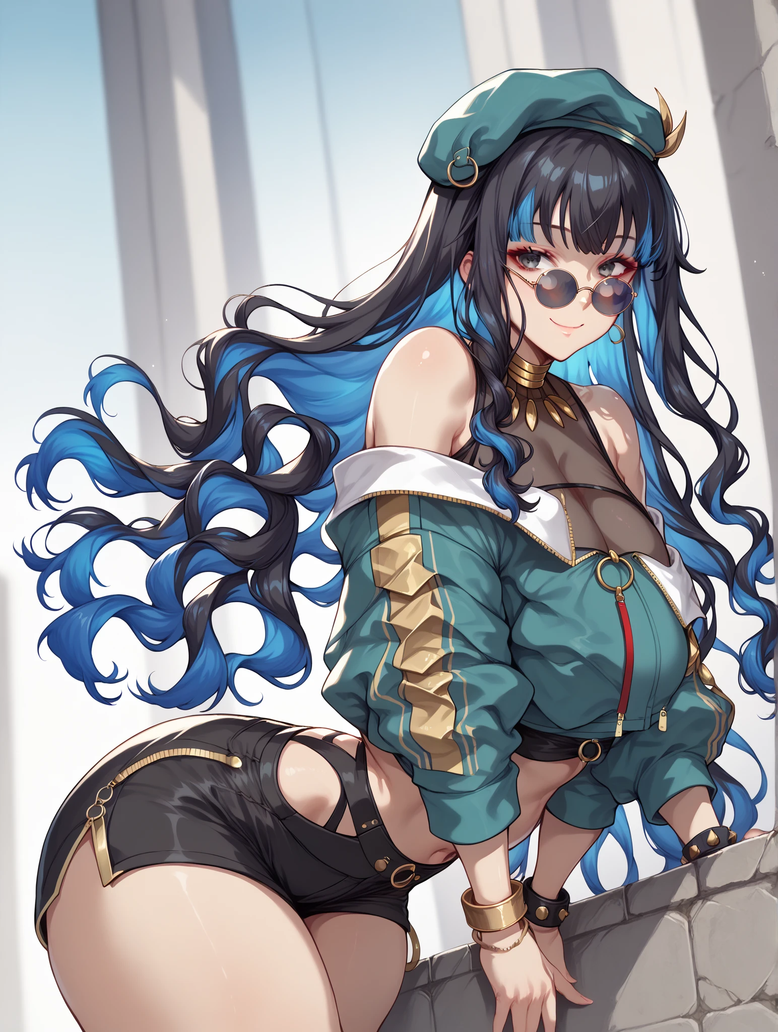 1 girl, Blue eyes, blue hair, Drill hair, gwen \(League of Legends\), in red panties and bandaged breasts, hair ornament, a high resolution, League of Legends, long hair, X, X hair ornament, 