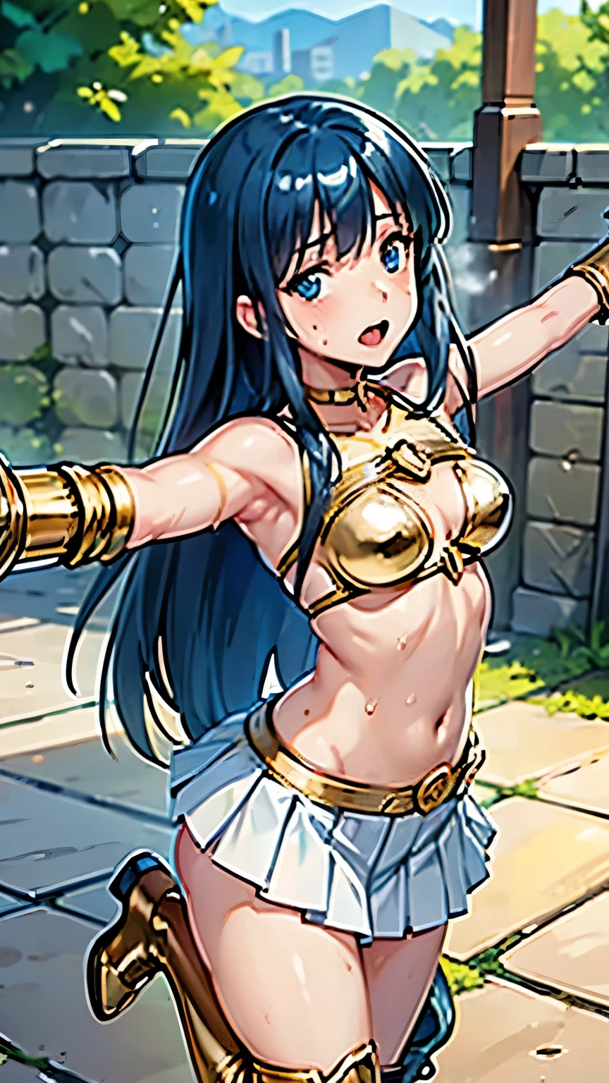 absurd-resolution, ultra-detailed, masterpiece, best quality, illustration, 16K, ultra high res, cowgirl shot
nude, pussy, from below, 1girl, very cute, slender, medium breasts, underboob, blush, (embarrassed), perfect anatomy, gleaming skin, petite, blue sky, sun light, sweat, crotch