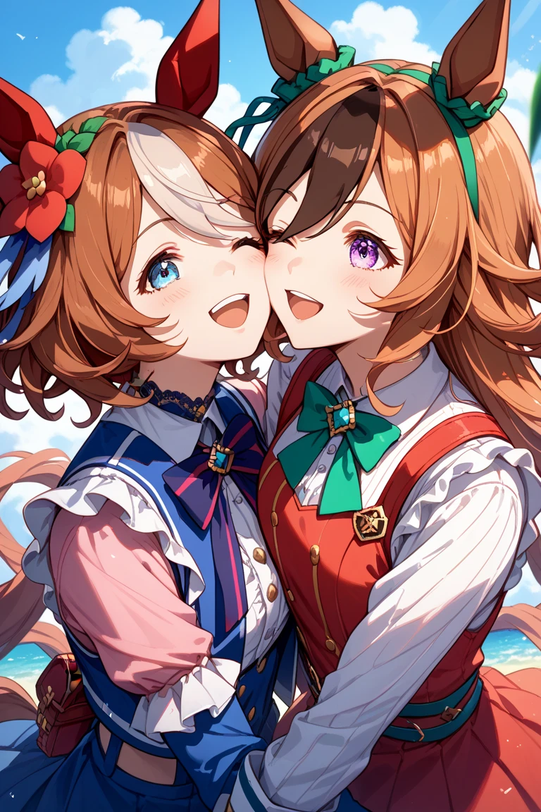(Best Picture Quality, 4K, High Quality, Masterpiece:1.2), ((Masterpiece)), High Detail, High Quality, (HDR,16k, RAW Beautiful Girl Portrait, Best Picture Quality, Masterpiece:1.2), (Ultra-Definition Illustration), nsfw, idolmaster, idol costume, young teen, spotlight, lesbian, two women are kissing each other in a dark room, portrait of two girls kissing, kissing together cutely, lesbian kiss, nsfw, extremely cute, brown hair color, twintail hair, sleeveless, detached sleeves, (yellow & blue frilled dress with flower stitches:1.3), tiara