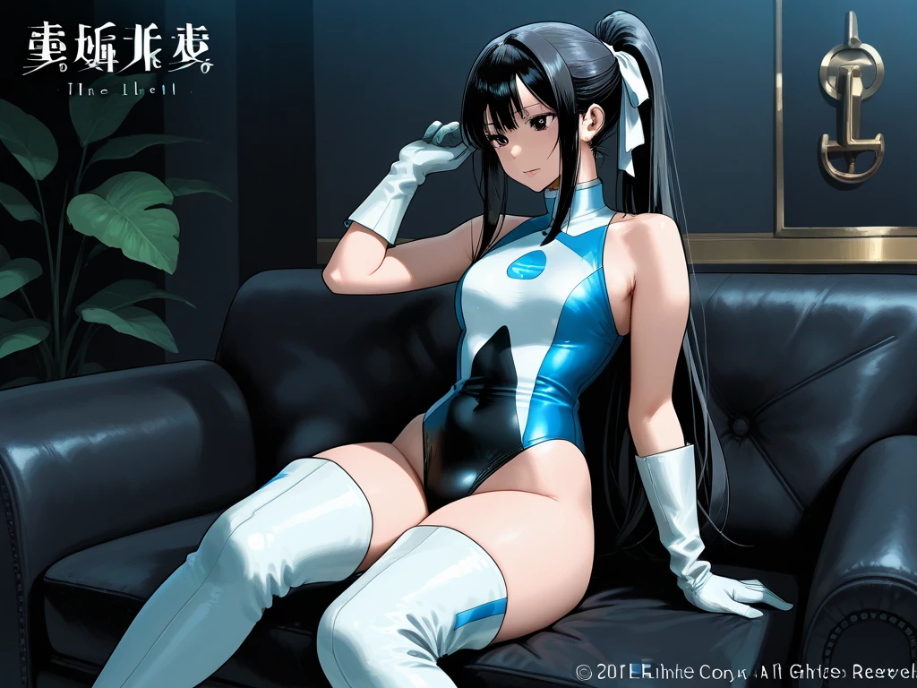 blue archive, rio \(blue archive\), 1girl, alternate costume, artist name, bare shoulders, black hair, blunt bangs, blush, boots, breasts, bright pupils, character name, closed mouth, crossed legs, elbow gloves, from below, from side, gloves, hair ornament, hairclip, halo, holding, holding tablet pc, id card, knee boots, kneehighs, large breasts, long hair, looking at viewer, red eyes, see-through, sitting, socks, solo, tablet pc, thick thighs, thighs, white footwear, white gloves, white pupils