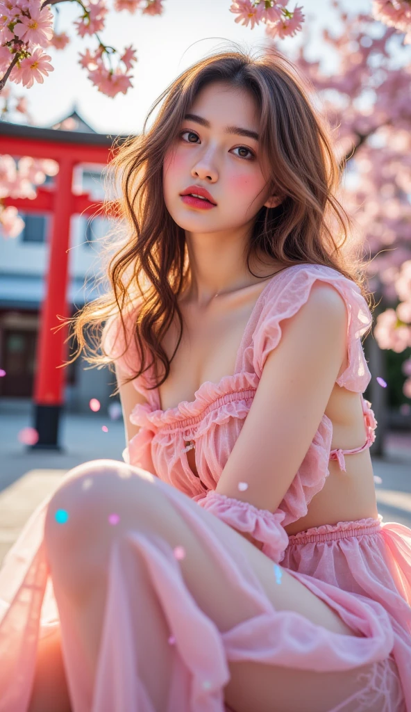 18 year old girl with perfect face and big breasts, cute clothes, slim and slender physique. The skin has detailed and highly detailed eyes (1.1 emphasis), very detailed skin texture (1.1 emphasis). slender necklace, model photo style, photorealistic, skin texture is real human skin texture, detailed skin pores, intricate details, eyes very detailed, colorful hair and colorful dress, rossdraws pastel vivid, artgerm colorful!!!、! Dream art germ, highly detailed art germ, knee up, little smile, hand on the fence