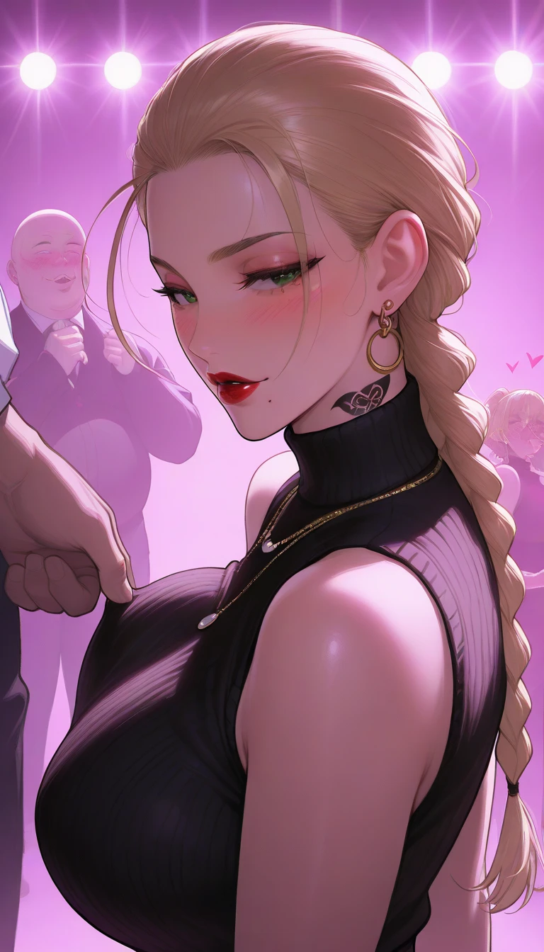 Median sizebody lady, skin white, MEDIUM blonde hair,crop top and jeans ,and , blue and purple tones on the name "topsounds""hearts, diamonds, pearls, illustration, 3d render, photo, realistic, illustration, typography, 3d render, fashion, photo, anime