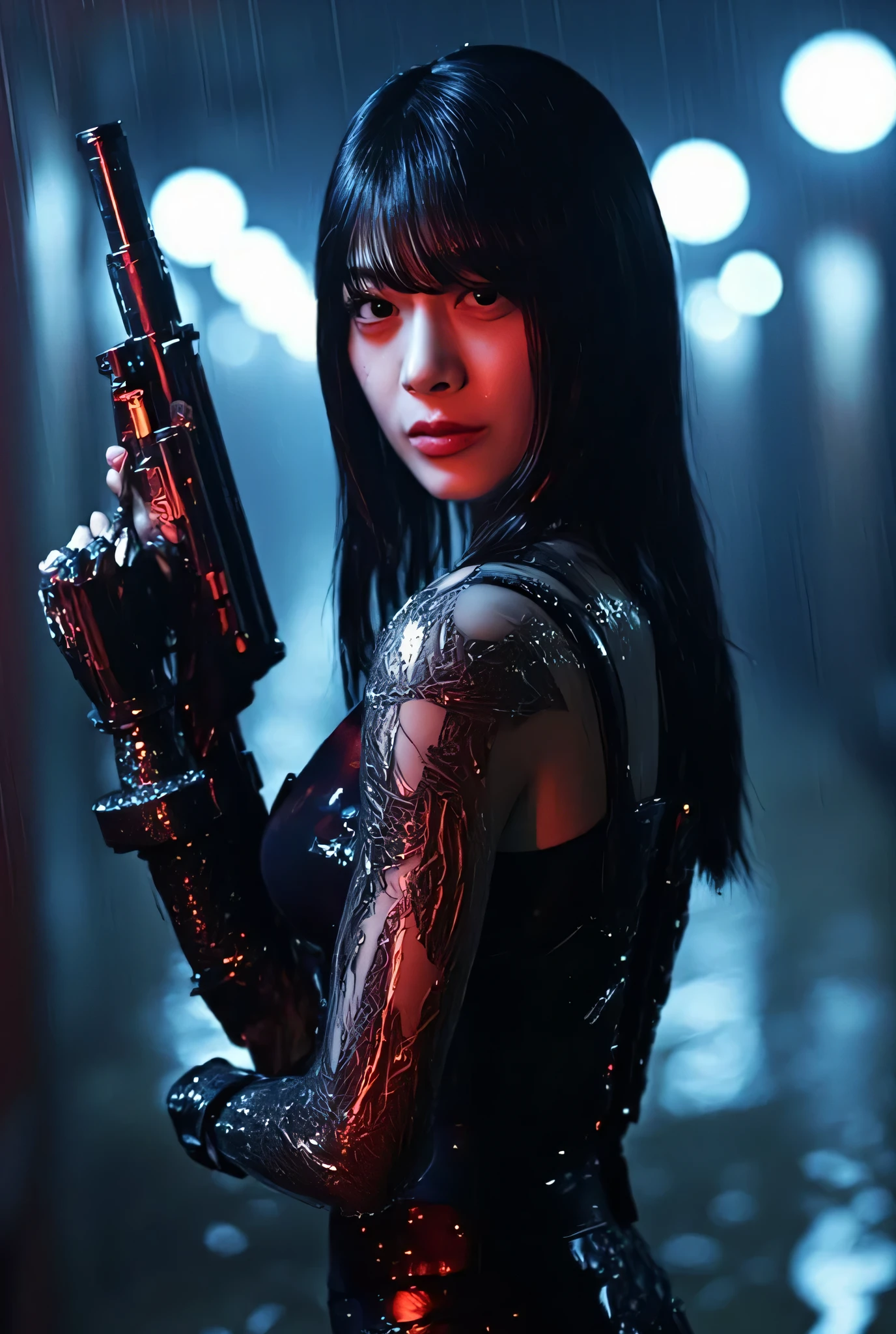(((On a rainy night with a downpour:2.0))),(((HR Gigger style cyberpunk atmosphere:2.0))),(((holds 2 cyberpunk-style submachine guns:2.0))),(( pointing a muzzle at the viewer :2.0)),standing,((full body:2.0)),one woman,(cute face:2.0),(Beautiful well-balanced face :2.0),((long hair with bangs:2.0)),(black hair:1.5),(Beautiful Eyes:1.3),glamorous shot of an 18-year-old Japanese woman,Beautiful slender body,((model body type:2.0)),((slim body:1.7)),Perfect Body Line,ideal proportions,((small breasts:2.0)),((スリーサイズ90-55-87:2.0)),((G-cup breasts:1.5)),Big Breasts,Bare thighs,Sensual Thighs,delicate body,(succulent:1.7),harmonious posture,((Realistic breast depiction :1.7)),Carefully drawn limbs based on perfect anatomy,(((translucent skin made of black glass:2.0))),((Black transparent body made of glass:2.0)),(((Clear skeleton shining with LED:2.0))),naked,((Tactical Holster:2.0)),((((Coarse mesh fishnet stockings:2.0)))),concept art,(Best Quality:1.5),(masterpiece:1.5),(超高resolution),resolution,UHD,(Delicate Description), carefully drawn with butterfly wings ,32k,((realistic skin texture that shows through the whole body:1.5)),(((ultra-realistic:1.5))),carefully draw eyelashes,very detailed face,Highly detailed female hand, Sexy appearance ,very sensual,(Blurry Dim Backgrounds :1.5),Professional Photography,(Dynamic Angles),(movie lights:2.0),((Blade Runner style light:2.0))
