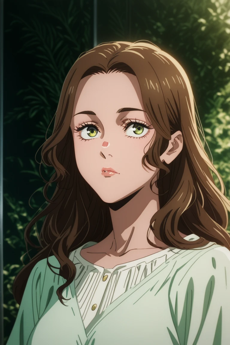 please create attack on titian screen cap of a female with brown eyes dark and burgundy hair wavy curly with wispy bangs hispanic girl with tan ish skin a bit tan gold nose piercing on the left side back ground with the forest , Wit studio art screen cap