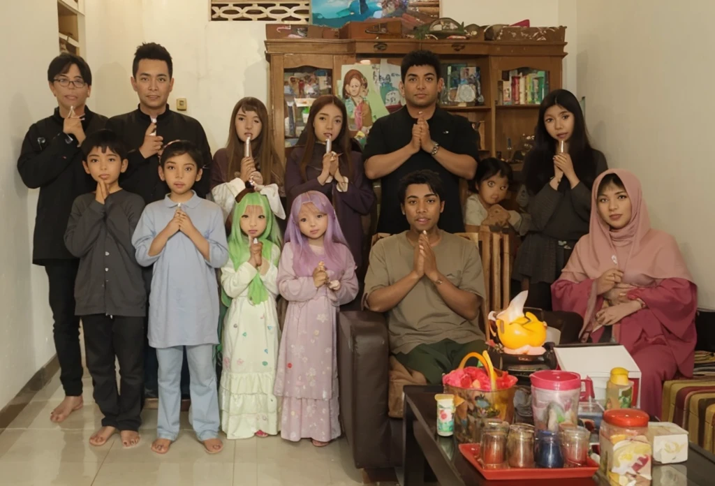A family of 5 people, they put their palms together, making an apologetic gesture when taking a photo on Eid al-Fitr. They sat on a luxurious black sofa in the living room, the father on the left end, the adult son on the right end holding his little sister, the mother wearing a hijab in the middle and the adult daughter wearing a hijab under her mother. The background is a wall with a regular floral motif. providing a warm and welcoming aesthetic of 5 people, they put their palms together, making an apologetic gesture when  a photo on Eid al-Fitr. They sat on a luxurious black sofa in the living room, the father on the left end, the adult son on the right end holding his little sister, the mother wearing a hijab in the middle and the adult daughter wearing a hijab under her mother. The background is a wall with a regular floral motif. providing a warm and welcoming aesthetic