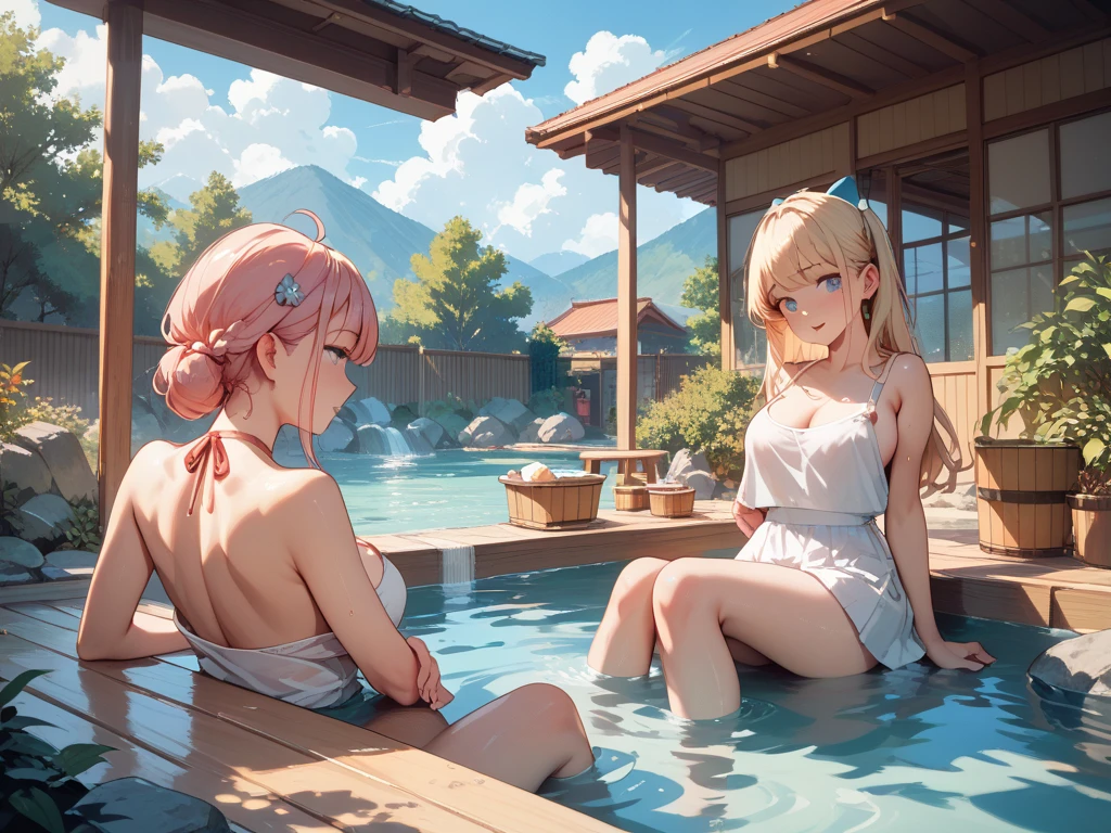 Bathing girls, twin siblings, beautiful forms,illery bathtub, serene garden, sunlight filtering through branches, freshwater spring, lush greenery, steaming water, bubbles floating on surface, gentle splashes, playful banter, sensual curves, sun-kissed skin, wet locks cascading down backs, freckledSCtraits, rosy cheeks, laughing faces, sisterly bond, peaceful scenery, natural light, Illya's treasure, top-quality illustration, ultra-detailed rendering, photorealistic, high resolution output image, cinematic colors, rich details, sisterly love, immersive atmosphere, captivating imagery