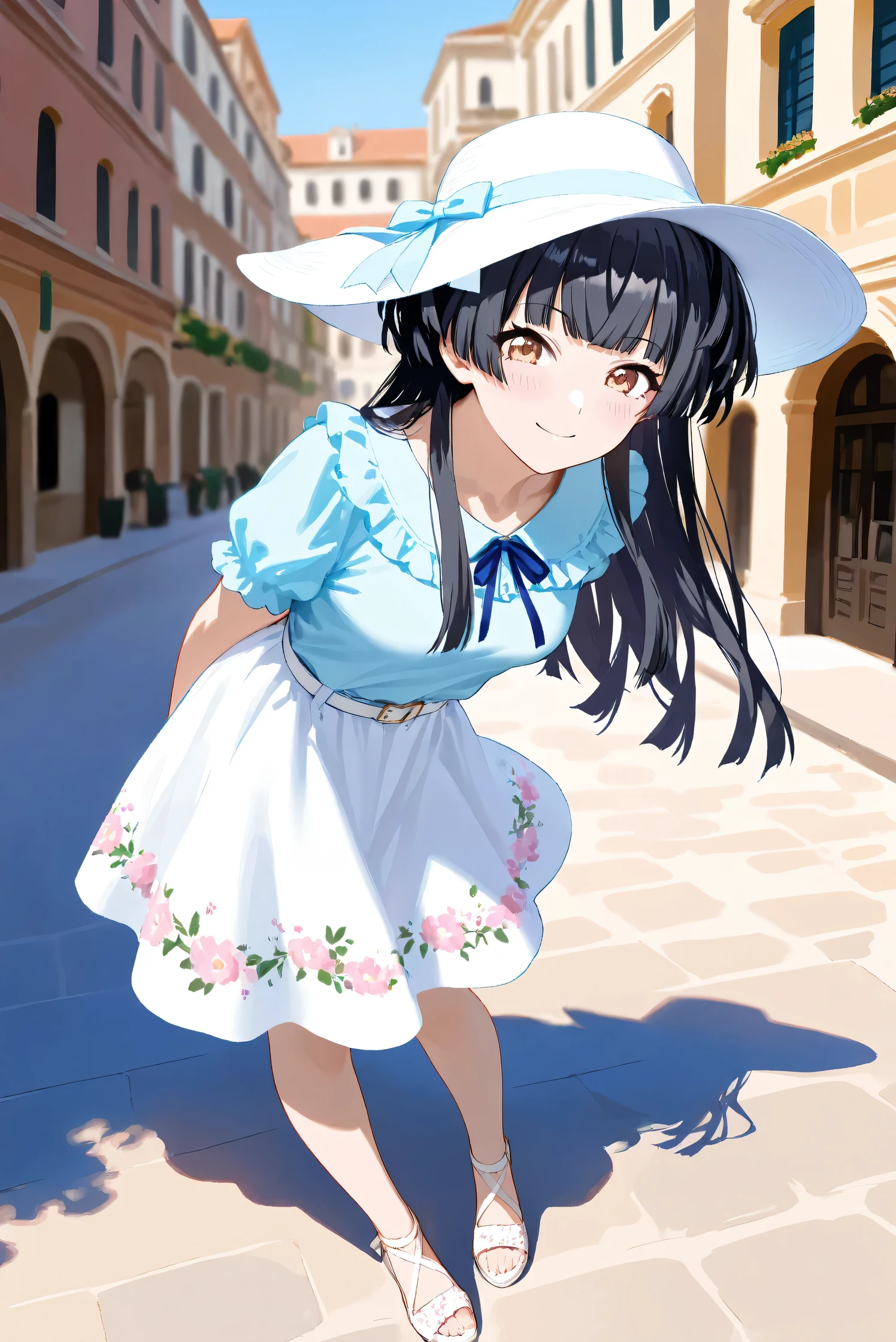 (Masterpiece), (Highest quality), (Very detailed),
(The best shape), (Best Shadow), (Absurd),
(Detailed background), (So beautiful), Shiny ,
Extraordinary, Countershading, 8k, 32K, High resolution, Beautiful eyes in every detail,
Very Detailed CG, UHD,
Score_9, Score_8_up, Score_7_up, Source_anime,
(Pastel painting:1.2), (Watercolor painting:1.2),
(Masterpiece, Detailed:1.2), (Foreshortening:1.2),
Cinematic, Dramatic, (Depth of field:1.4),
(Blurry background:1.4), (Realistic background:1.4),
(Foreshortening:1.3),Dynamic angle, 1 girl, solo,
Venice, Venice Building, Outdoor, Nature, Blue sky,
Mayuzumi Fuyuko,
The idolmaster shiny colors,
mayuzumi_fuyuko, 1girl, black hair, two side up, brown eyes, small breasts,
(Casual wear:1.3),
Light blue shirt, Short sleeves shirt, Frills
ribbon, Blue ribbon,
Skirt, White skirt, Floral print skirt, Belt, White belt,
Wide Brim Hat, (White hat:1.2), Blue ribbon,
full body, Focus on face,
(Blush:1.3), Happy, smile, arms behind back,
Realistic skin, Shiny skin,
