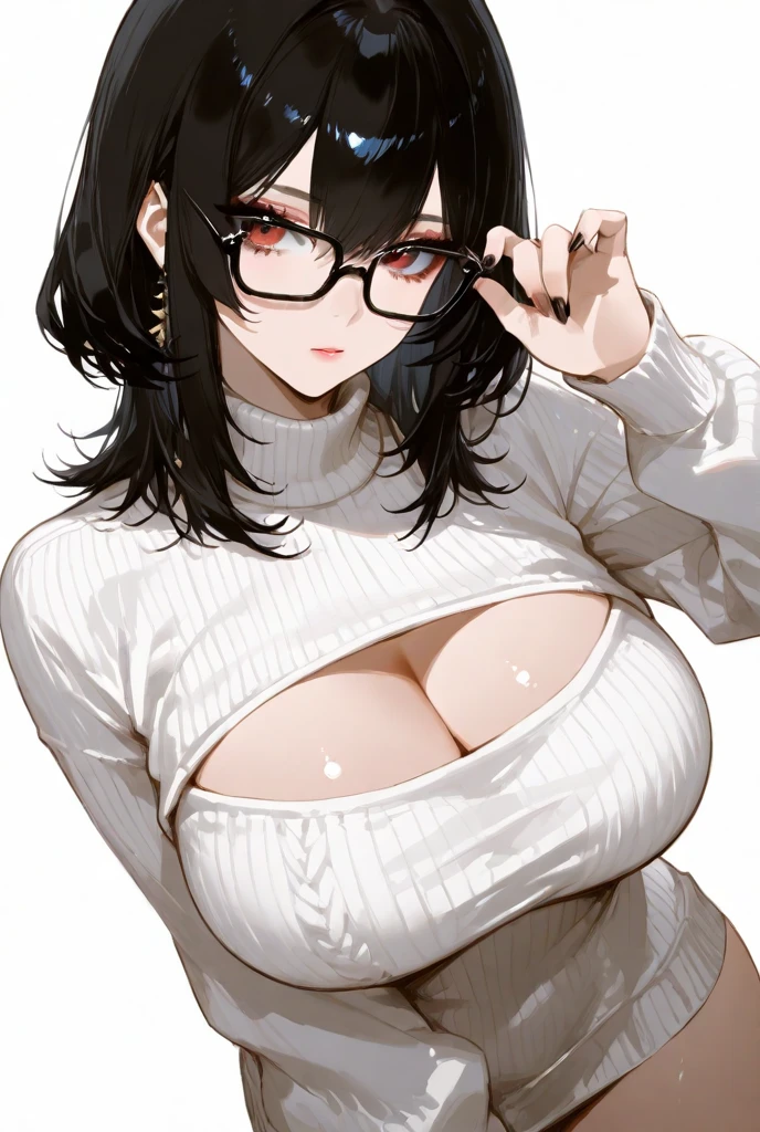 official art, no text, \(blue archive\) \(oshi no ko\), breasts, very huge breasts, short hair, hair almost over eyes, half closed eyes, blunt bangs, black eyes, gyaru, parted lips, black hair, black eyewear, round eyewear, grey sport bra, cleavage, grey jacket, grey yoga pants, head tilt, long sleeves, off shoulder, single bare shoulder, rimless eyewear, mature, thick, milf, looking at viewer, white background, standing, bust close-up, upperbody to head, view from front 1.1, depth of field, masterpiece, best quality, realistic light and shadow