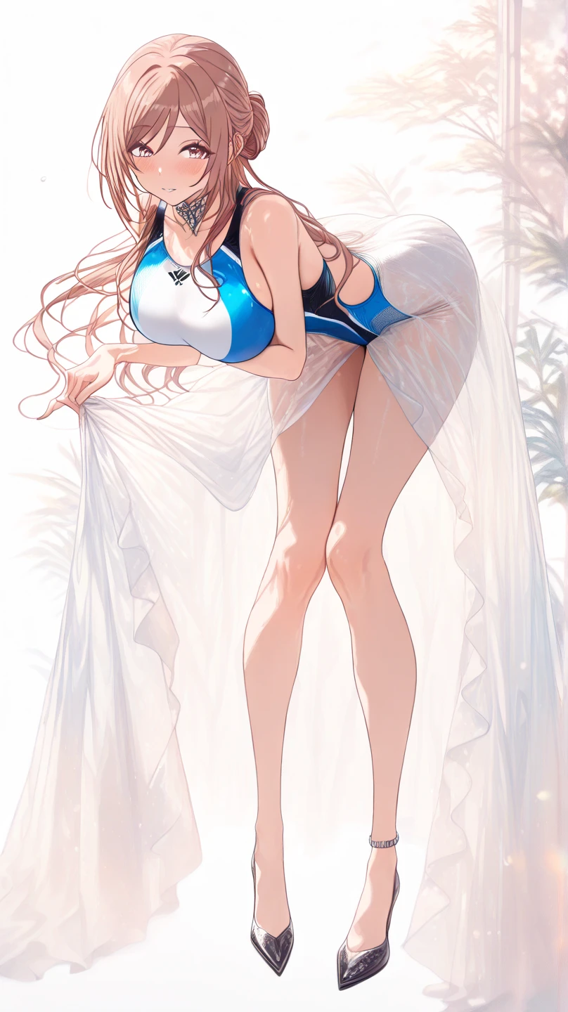 masterpiece, best quality, highres, rimuru tempest, blue hair, long hair, huge breast, cleaveage,white  nightie, looking at viewer, blush, shy, smile, show teeth,dakimakura