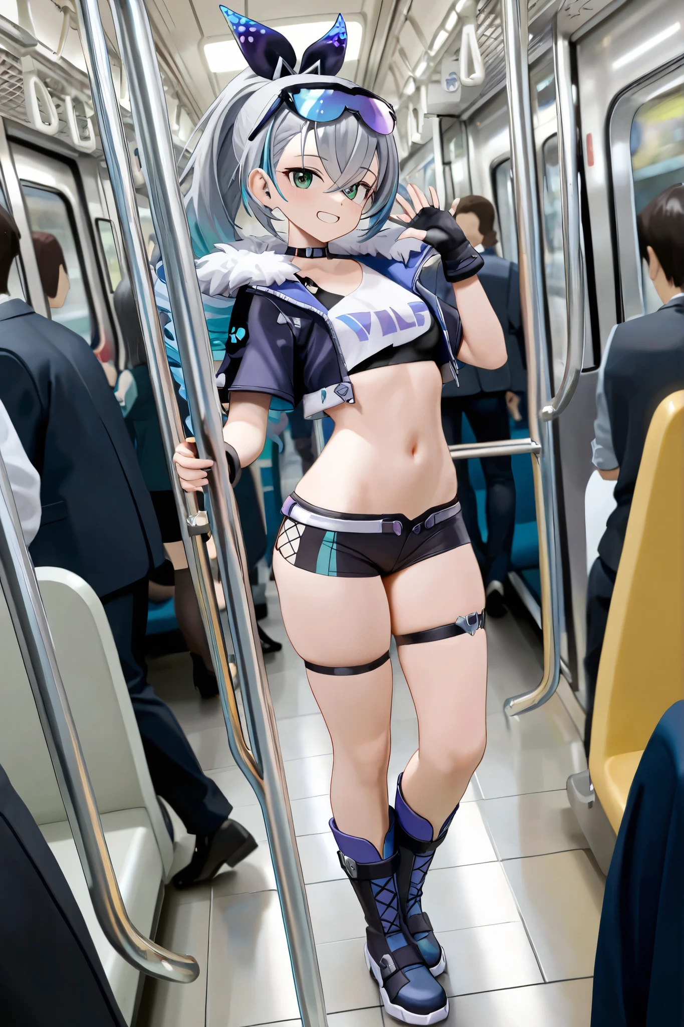 sexy girl walking home, casually walking, outside, crowded area, crowd in foreground, ctowd taking pictures, wearing bra and panties, wearing only underwear, knee high socks, shoes full body, short blue hair, shy, enf, embarrassed
