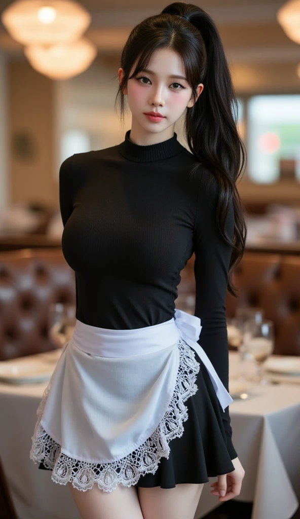 (hyperrealistic), (illustration), (high resolution), (8K), (extremely detailed), (best illustration), (beautiful detailed eyes), (best quality), (super detailed), (masterpiece), (wallpaper), (detailed face), solo, (dynamic pose), 1 girl, white wavy hair in the kitchen, korean, heterochromic eyes, small moles under the eyes, ((apron)), big breasts, long legs, tightens abs, (camel toes), (black stockings), (no panties), (no bra)