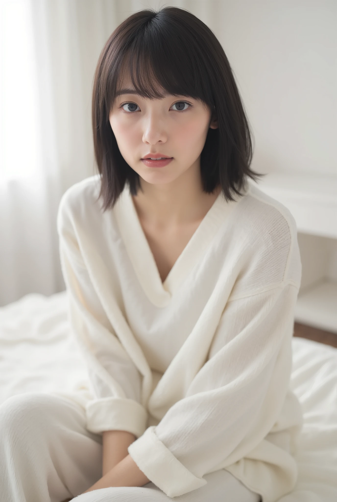 Create an image of an exceptionally beautiful Japanese girl with fair skin. She is sitting in her white room, wearing comfortable loungewear. Her straight, semi-short hair frames her face softly. The ambiance is enhanced by cinematic lighting, creating a cozy and inviting atmosphere.