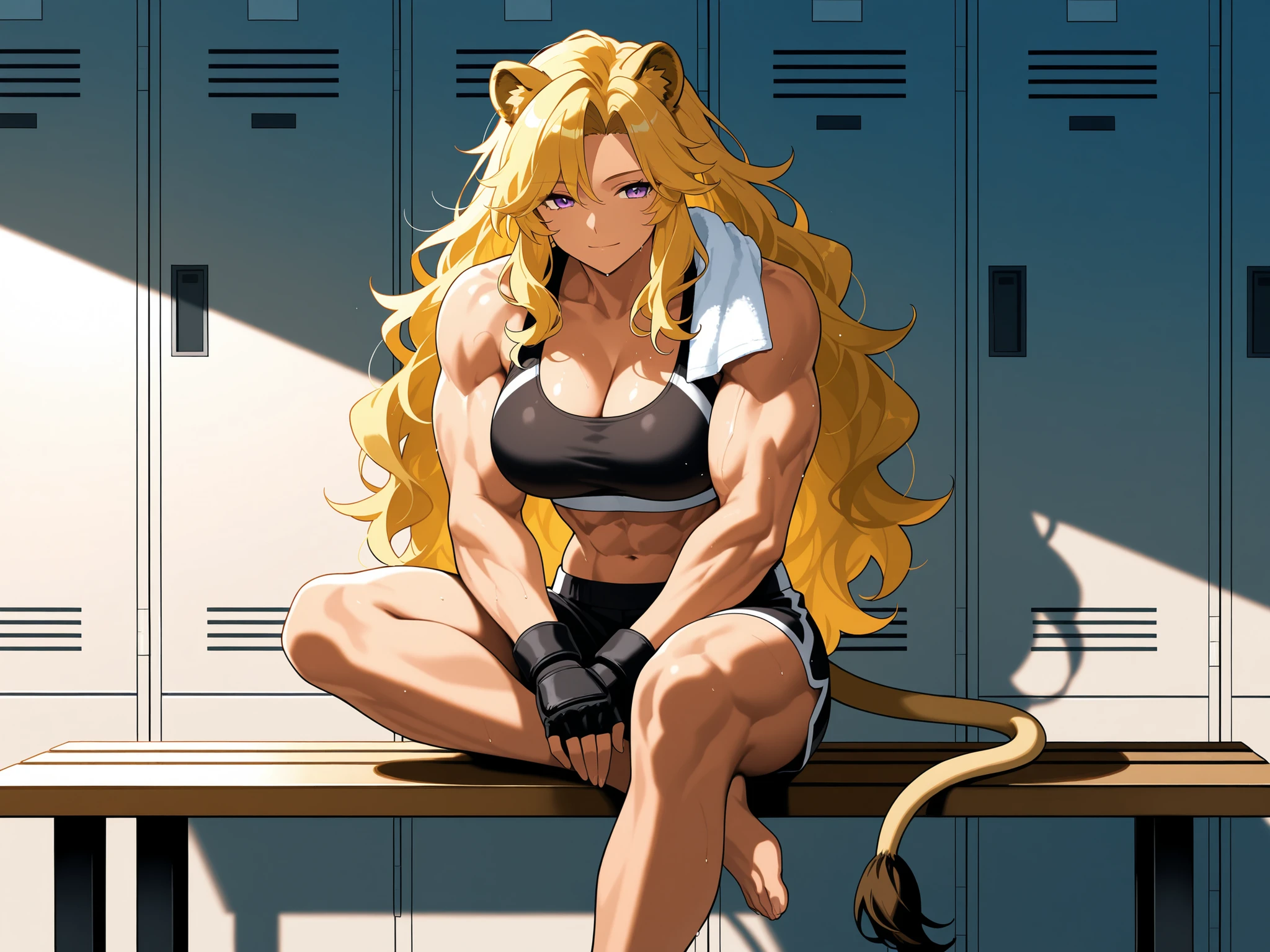 (masterpiece, best quality), very aesthetic, newest, wide shot, 1girl, light smile, closed mouth, mature female, (muscular female), lion ears, lion tail, golden hair, very long hair, (wavy hair, fluffy hair), purple eyes, curtained bangs, tan, midriff, dark sports bra, dark boxing shorts, black fingerless gloves, biceps, sitting, on bench, barefoot, towel on shoulder, sweat, locker room, high-res, absurdres