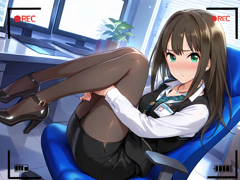 masterpiece, best quality, ultra-detailed, illustration, from below, 1girl, douki-chan \(douki-chan\), solo focus, looking at viewer, yomu \(sgt epper\), full body shot, dark brown hair, blue shirt, miniskirt, [brown pantyhose|yellow pantyhose], office, fine fabric emphasis, crossed legs, sitting on office chair,