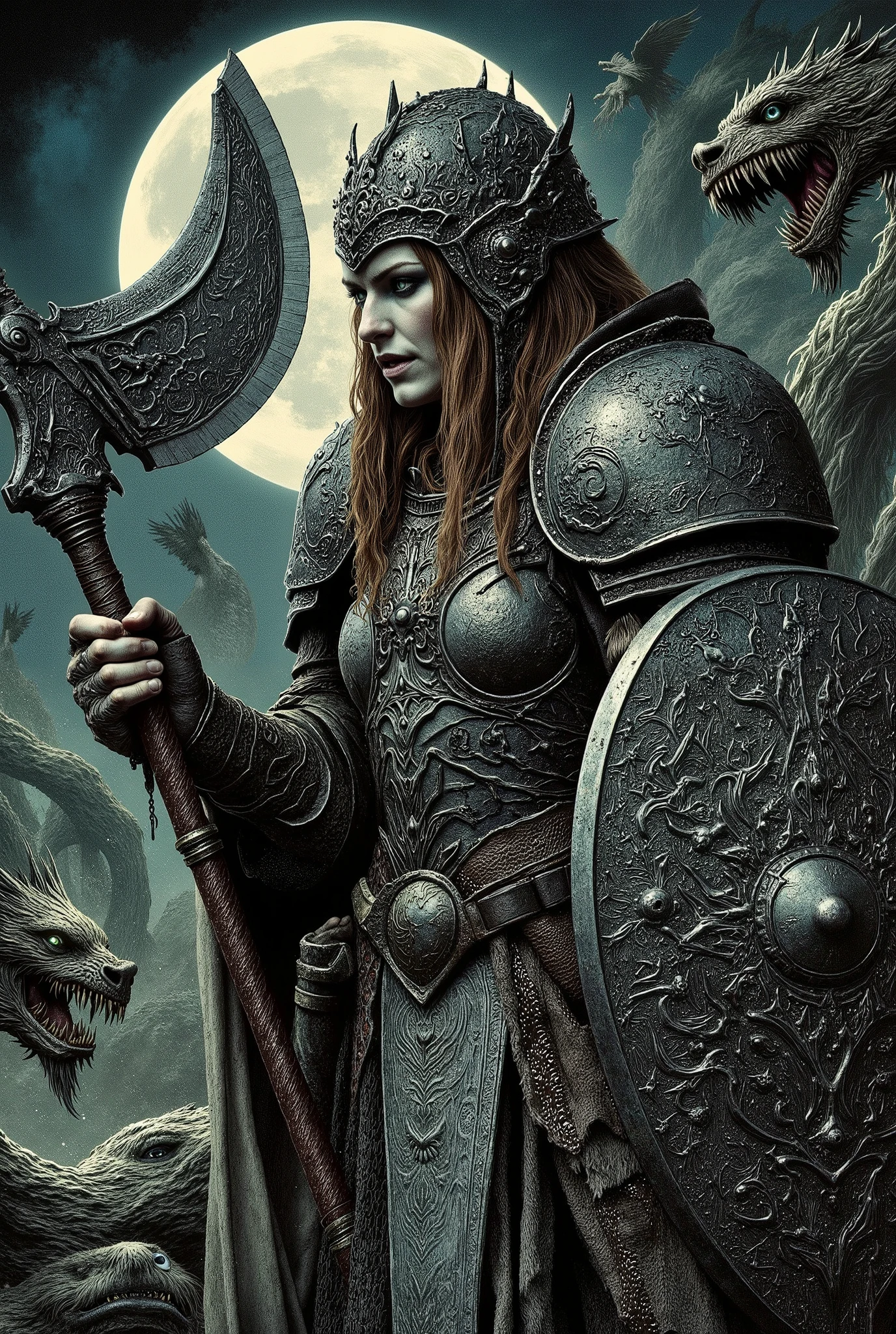 A large muscular female paladin dressed in darkly etched fullplate armour has a nasty grin and long brown lank hair. Her skin is white, her eyes are light green, and her face is tired and depressed. She has a large crescent axe and a tower shield decorated with an eldar god. He is wearing a tabard with the image of a dragon badger. Disturbing liminal evil violent.