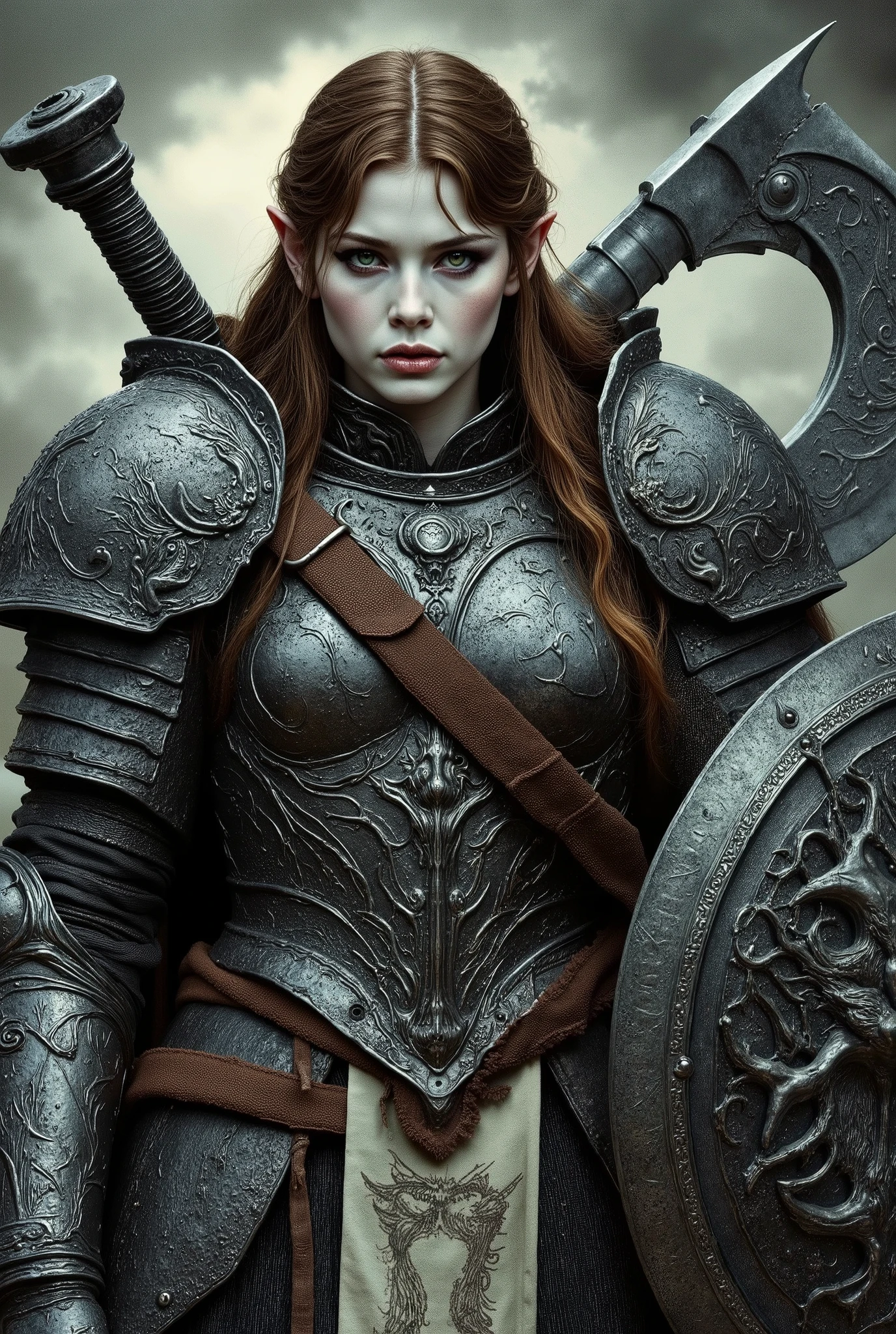 A large muscular female paladin dressed in darkly etched fullplate armour has a nasty grin and long brown lank hair. Her skin is white, her eyes are light green, and her face is tired and depressed. She has a large crescent axe and a tower shield decorated with an eldar god. He is wearing a tabard with the image of a dragon badger. Disturbing liminal evil violent.