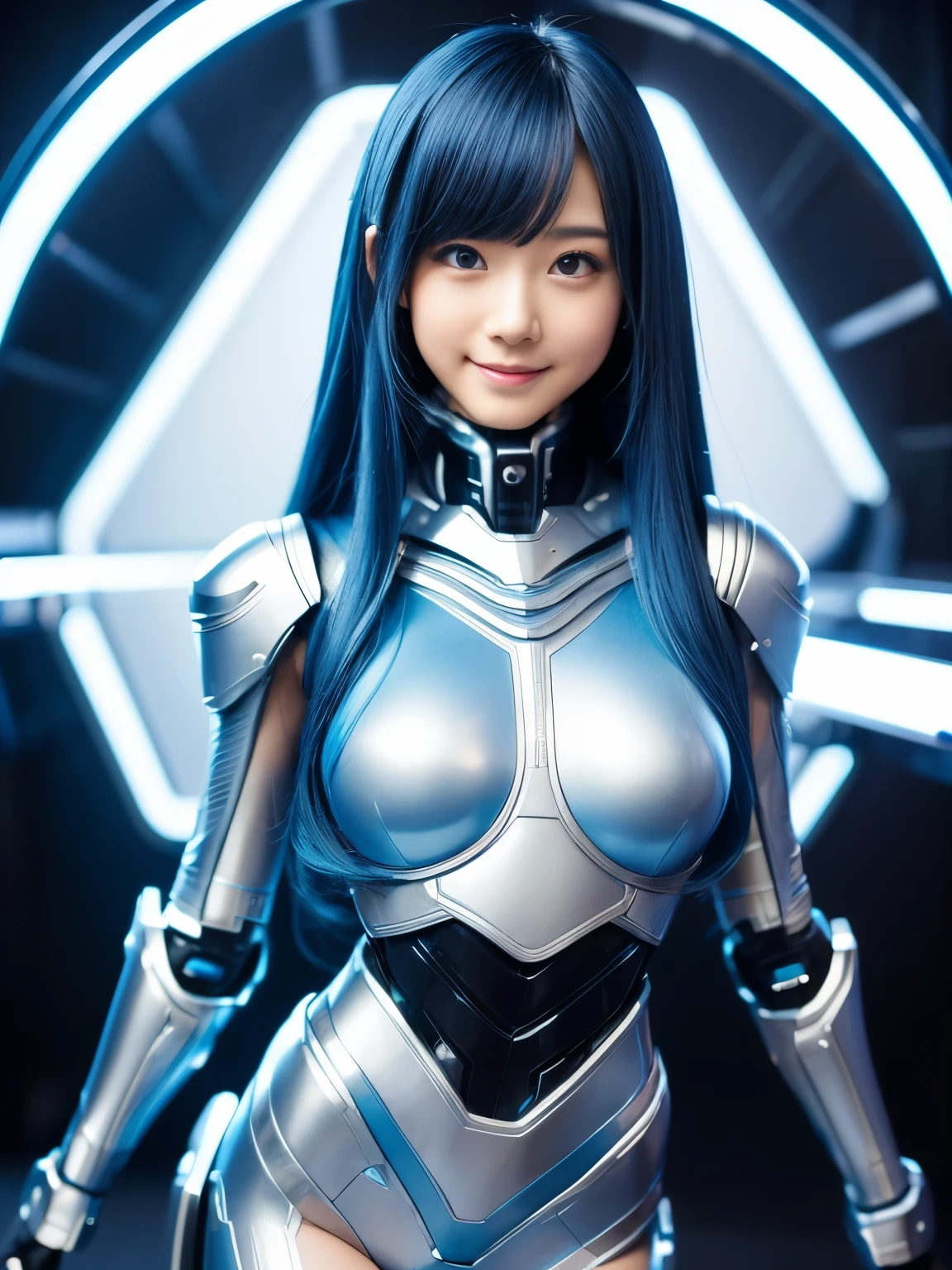 (Best Quality ,high resolution,masterpiece:1.2), very well detailed, realistic:1.37, (perfect anatomy), full body,A girl around 20 years old ,cowboy shot,Cute Perfect Idol,Transform into a cyber superheroine,,( big smile),,Beautiful Eyes, detailed facial features, very cute face, small breasts,light blue hair, ATTENTION TO COSTUME DETAILS , great eyes, beautiful lips, (Futuristic and inorganic cyber superheroine costume), Intricate Decorative Details,(natural makeup) .The background is a cybernetics system dock..