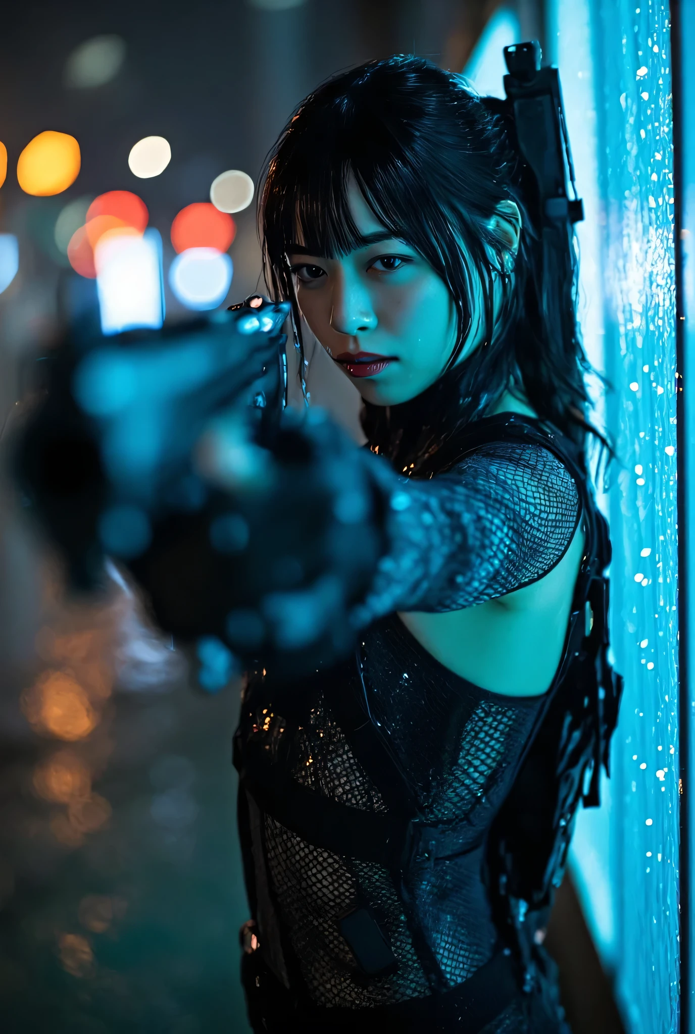 (((On a rainy night with a downpour:2.0))),(((HR Gigger style cyberpunk atmosphere:2.0))),(((Hold 2 cyberpunk-style MP5s:2.0))),(( pointing a muzzle at the viewer :2.0)),standing,((full body:2.0)),one woman,(cute face:2.0),(Beautiful well-balanced face :2.0),((long hair with bangs:2.0)),(black hair:1.5),(Beautiful Eyes:1.3),glamorous shot of an 18-year-old Japanese woman,Beautiful slender body,((model body type:2.0)),((slim body:1.7)),Perfect Body Line,ideal proportions,((small breasts:2.0)),((スリーサイズ90-55-87:2.0)),((G-cup breasts:1.5)),Big Breasts,Bare thighs,Sensual Thighs,delicate body,(succulent:1.7),harmonious posture,((Realistic breast depiction :1.7)),carefully depict limbs based on perfect anatomy,(((translucent skin made of black glass:2.0))),((Black transparent body made of glass:2.0)),(((Clear skeleton shining with LED:2.0))),naked,((Tactical Holster:2.0)),((((Coarse mesh fishnet stockings:2.0)))),concept art,(Best Quality:1.5),(masterpiece:1.5),(超高resolution),resolution,UHD,(Delicate Description), carefully drawn with butterfly wings ,32k,((realistic skin texture that shows through the whole body:1.5)),(((ultra-realistic:1.5))),carefully draw eyelashes,very detailed face,Highly detailed female hand, Sexy appearance ,very sensual,(Blurry Dim Backgrounds :1.5),Professional Photography,(Dynamic Angles),(movie lights:2.0),((Blade Runner style light:2.0))