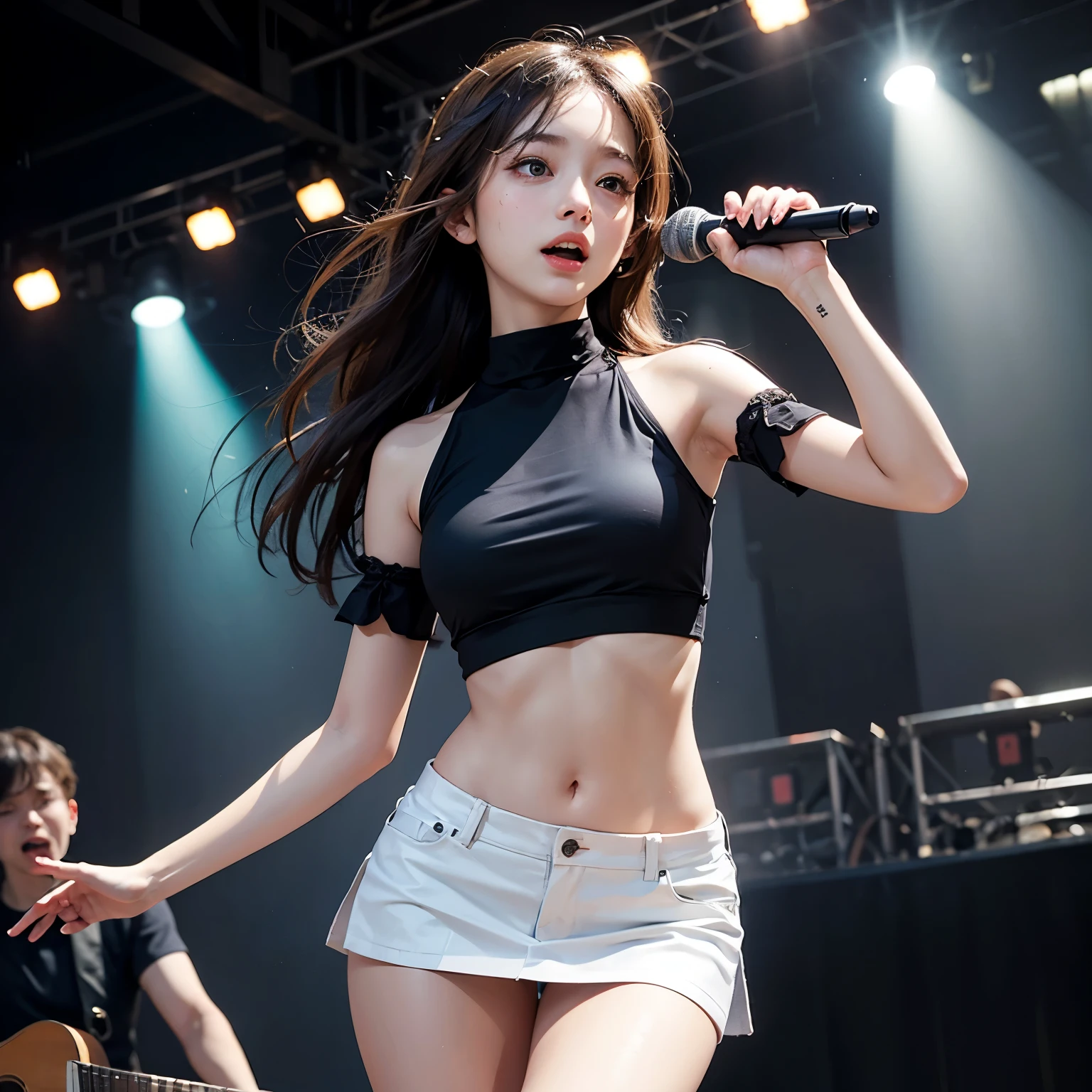 (Highest quality, masterpiece:1.2, RAW Photos), (Realistic:1.3), Realistic:1.2、One Girl、Japanese、Slender body line、Small face and slender figure、((beautiful girl、Cute school girl、Idol Face、Baby Face))、((Sing with a microphone:1.3))、(Showing sexy panties:1.4)、(Cute tank top and mini pleated skirt:1.3)、(Beautiful brown hair:1.3)、((on stage at a rock concert:1.3))、(Beautiful breasts、Upward bust), (Detailed eyes and face:1.2, Professional photography techniques, Cinema Lighting), (Detailed hands:1.1、A girl's small and beautiful hands:1.2), (Perfect Anatomy:1.3), (Staring at the viewer with a nasty smile:1.1, blush:1.2)