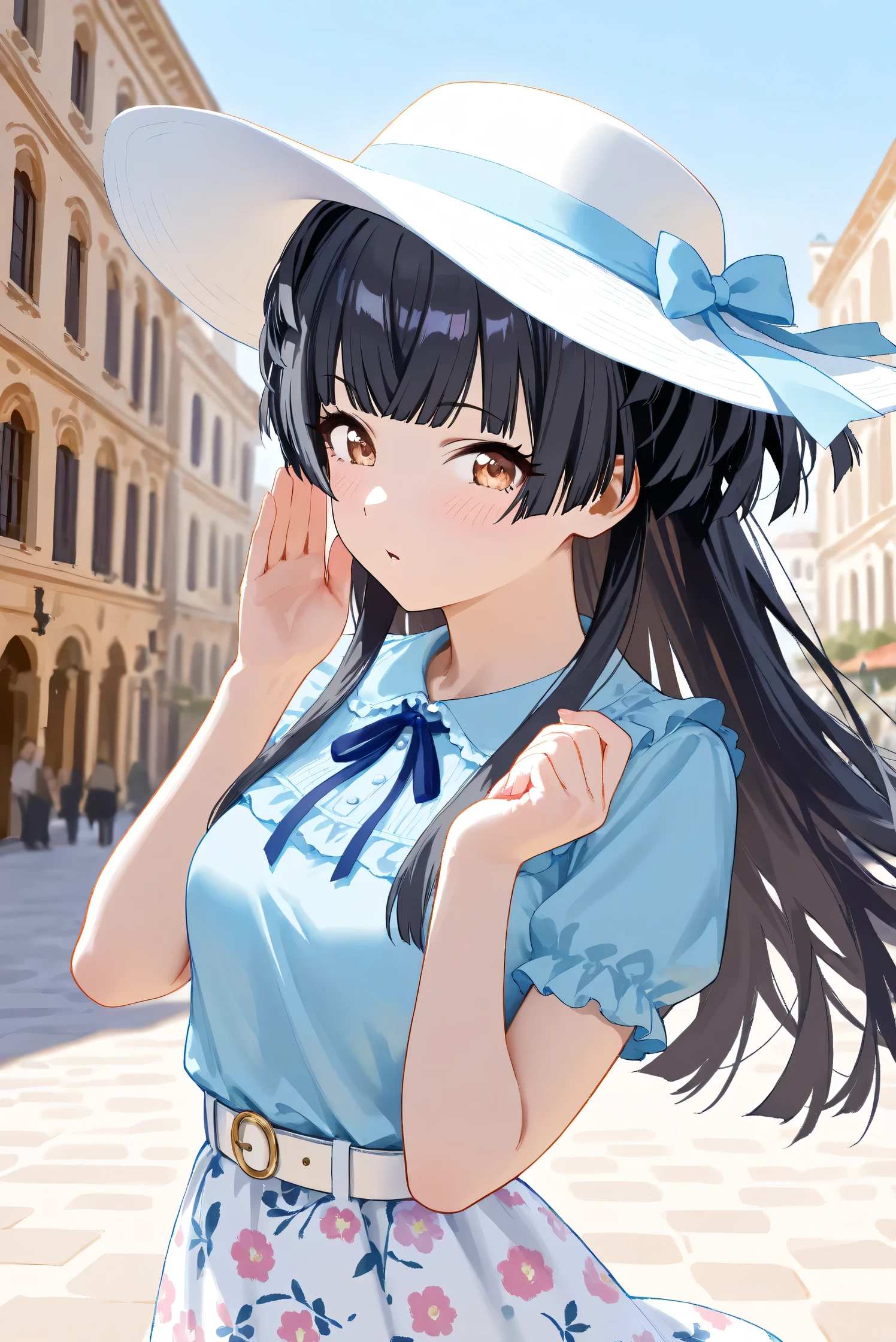 (Masterpiece), (Highest quality), (Very detailed),
(The best shape), (Best Shadow), (Absurd),
(Detailed background), (So beautiful), Shiny ,
Extraordinary, Countershading, 8k, 32K, High resolution, Beautiful eyes in every detail,
Very Detailed CG, UHD,
Score_9, Score_8_up, Score_7_up, Source_anime,
(Pastel painting:1.2), (Watercolor painting:1.2),
(Masterpiece, Detailed:1.2), (Foreshortening:1.2),
Cinematic, Dramatic, (Depth of field:1.4),
(Blurry background:1.4), (Realistic background:1.4),
(Foreshortening:1.3),Dynamic angle, 1 girl, solo,
Venice, Venice Building, Outdoor, Nature, Blue sky,
Mayuzumi Fuyuko,
The idolmaster shiny colors,
mayuzumi_fuyuko, 1girl, black hair, two side up, brown eyes, small breasts,
(Casual wear:1.3),
Light blue shirt, Short sleeves shirt, Frills
ribbon, Blue ribbon,
Skirt, White skirt, Floral print skirt, Belt, White belt,
Wide Brim Hat, (White hat:1.2), Blue ribbon,
portrait, Focus on face, close up shot,
(Blush:1.3), Whispering, talking to viewer,
Realistic skin, Shiny skin,