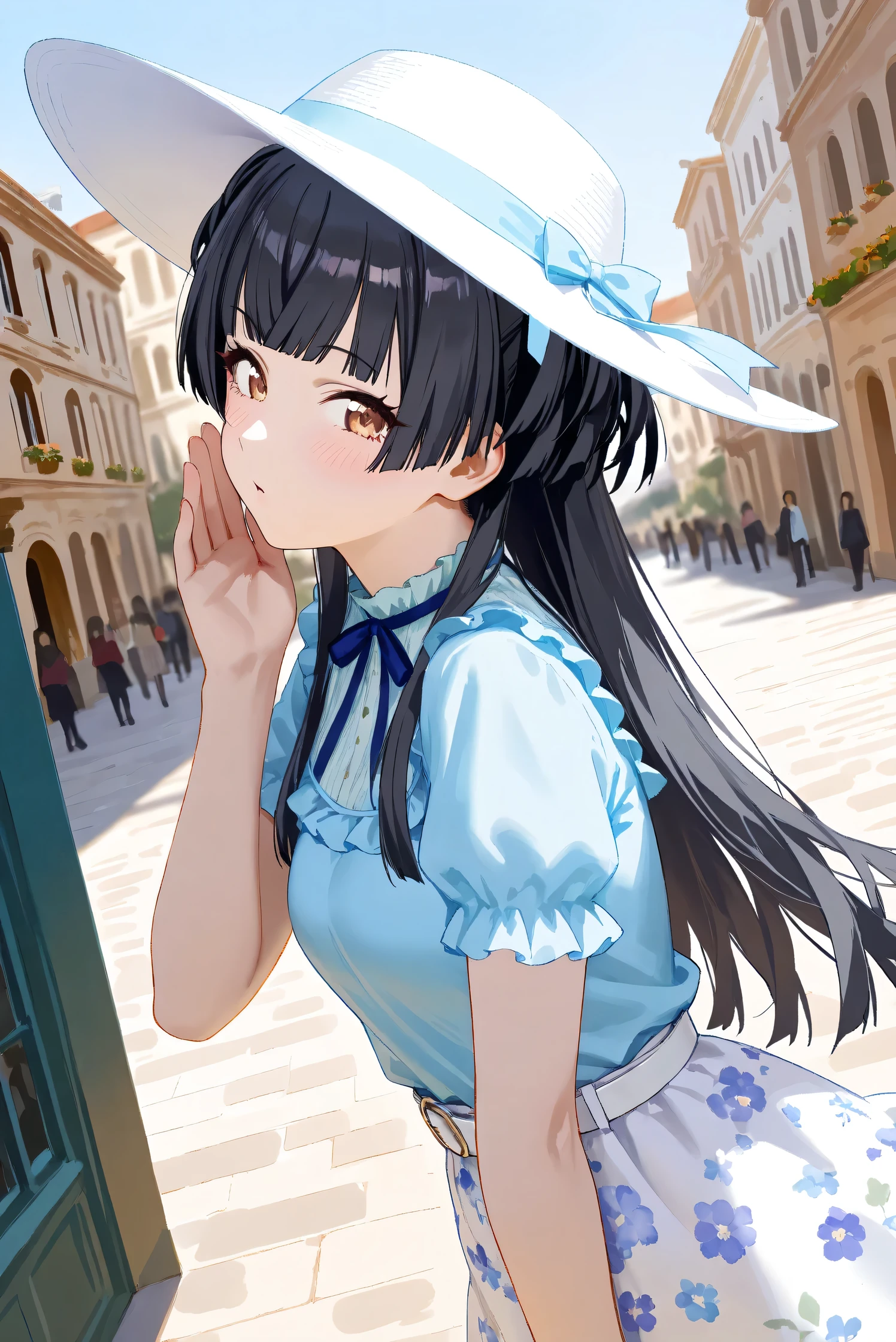 (Masterpiece), (Highest quality), (Very detailed),
(The best shape), (Best Shadow), (Absurd),
(Detailed background), (So beautiful), Shiny ,
Extraordinary, Countershading, 8k, 32K, High resolution, Beautiful eyes in every detail,
Very Detailed CG, UHD,
Score_9, Score_8_up, Score_7_up, Source_anime,
(Pastel painting:1.2), (Watercolor painting:1.2),
(Masterpiece, Detailed:1.2), (Foreshortening:1.2),
Cinematic, Dramatic, (Depth of field:1.4),
(Blurry background:1.4), (Realistic background:1.4),
(Foreshortening:1.3),Dynamic angle, 1 girl, solo,
Venice, Venice Building, Outdoor, Nature, Blue sky,
Mayuzumi Fuyuko,
The idolmaster shiny colors,
mayuzumi_fuyuko, 1girl, black hair, two side up, brown eyes, small breasts,
(Casual wear:1.3),
Light blue shirt, Short sleeves shirt, Frills
ribbon, Blue ribbon,
Skirt, White skirt, Floral print skirt, Belt, White belt,
Wide Brim Hat, (White hat:1.2), Blue ribbon,
portrait, Focus on face, close up shot,
(Blush:1.3), Whispering, talking to viewer,
Realistic skin, Shiny skin,