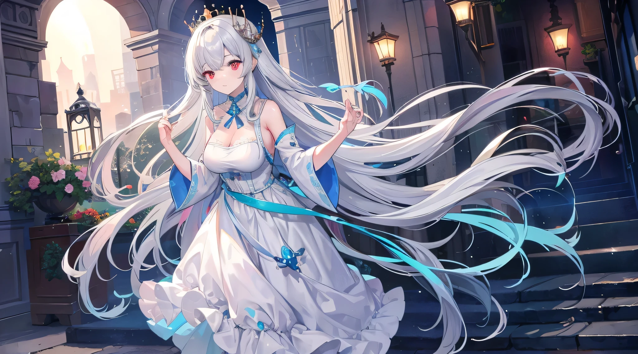 The girl had silver hair, que brillaba al sol, y ojos azules brillantes que brillaban como diamantes. Her figure was wrapped in a flowy dress., mientras alas plateadas brotaban de su espalda. On her head was a diamond crown that shone even in the shadows..