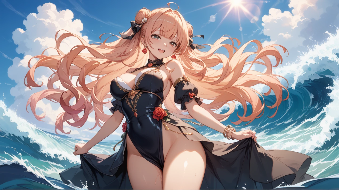 girl on the beach with tanned skin in a pure white bikini, in a pose slightly leaning back, placing his right hand on the ground and holding his hair with his left hand slightly raised., with her legs a little open in a slightly obscene pose (left leg flexed, and right leg stretched) sitting on a white blanket on the sand, whole body, also shows the feet