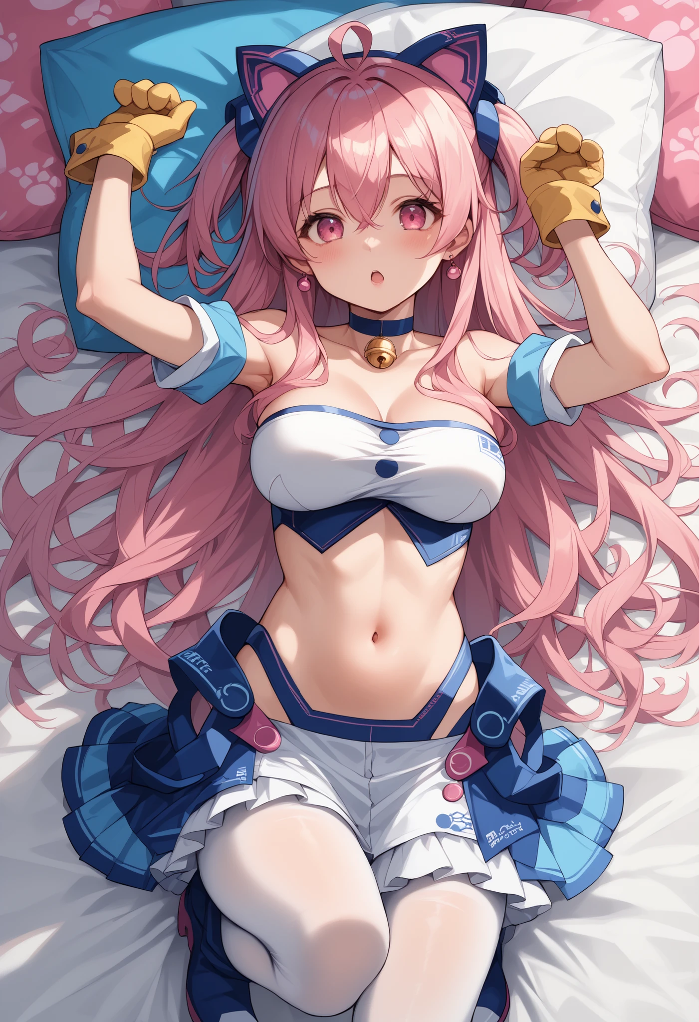 (nsfw), ultra high detail, perfect anatomy and proportions, stunningly cute face, perfectly balanced body, detailed and intricate costume design, vibrant and dynamic color palette, seamless and smooth shading, ultra high resolution, incredibly detailed background, (cute illustration:1.3) blond hair, blue eyes, wavy long hair, pigtail, hairstyle with the bangs cut in half, white pantyhose, seducing, bedroom, (arms behind head), (crying hard, embarrassed:1.2), sleeveless detached sleeves, open chest, (idolmaster, detailed gorgeous pink idol costume with a lot of frills:1.3), baby face, (cute round face), (lying, widely spread legs:1.5), (:1.8), wet dirty clutch,