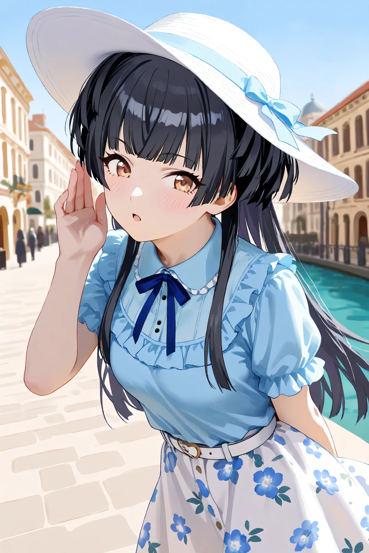 (Masterpiece), (Highest quality), (Very detailed),
(The best shape), (Best Shadow), (Absurd),
(Detailed background), (So beautiful), Shiny ,
Extraordinary, Countershading, 8k, 32K, High resolution, Beautiful eyes in every detail,
Very Detailed CG, UHD,
Score_9, Score_8_up, Score_7_up, Source_anime,
(Pastel painting:1.2), (Watercolor painting:1.2),
(Masterpiece, Detailed:1.2), (Foreshortening:1.2),
from above,
Cinematic, Dramatic, (Depth of field:1.4),
(Blurry background:1.4), (Realistic background:1.4),
(Foreshortening:1.3),Dynamic angle, 1 girl, solo,
Venice, Venice Building, Outdoor, Nature, Blue sky,
Mayuzumi Fuyuko,
The idolmaster shiny colors,
mayuzumi_fuyuko, 1girl, black hair, two side up, brown eyes, small breasts,
(Casual wear:1.3),
Light blue shirt, Short sleeves shirt, Frills
ribbon, Blue ribbon,
Skirt, White skirt, Floral print skirt, Belt, White belt,
Wide Brim Hat, (White hat:1.2), Blue ribbon,
portrait, Focus on face, close up shot,
(Blush:1.3), Whispering, talking to viewer,
lookup, pov, Leaning forward,
Realistic skin, Shiny skin,