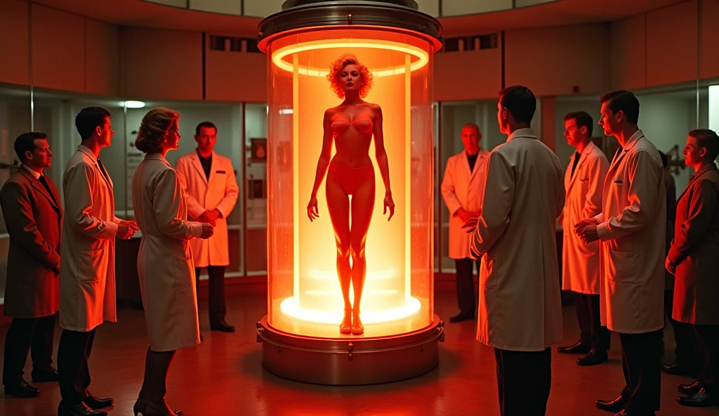 Highest quality, masterpiece, Surreal Photography, Fantasy、sf, Institute of the Future, Culture tanks lined up、A naked beautiful woman is being cultivated in the culture tank., This is a laboratory that creates beautiful girls.、Front view of the culture tank、The laboratory is bright