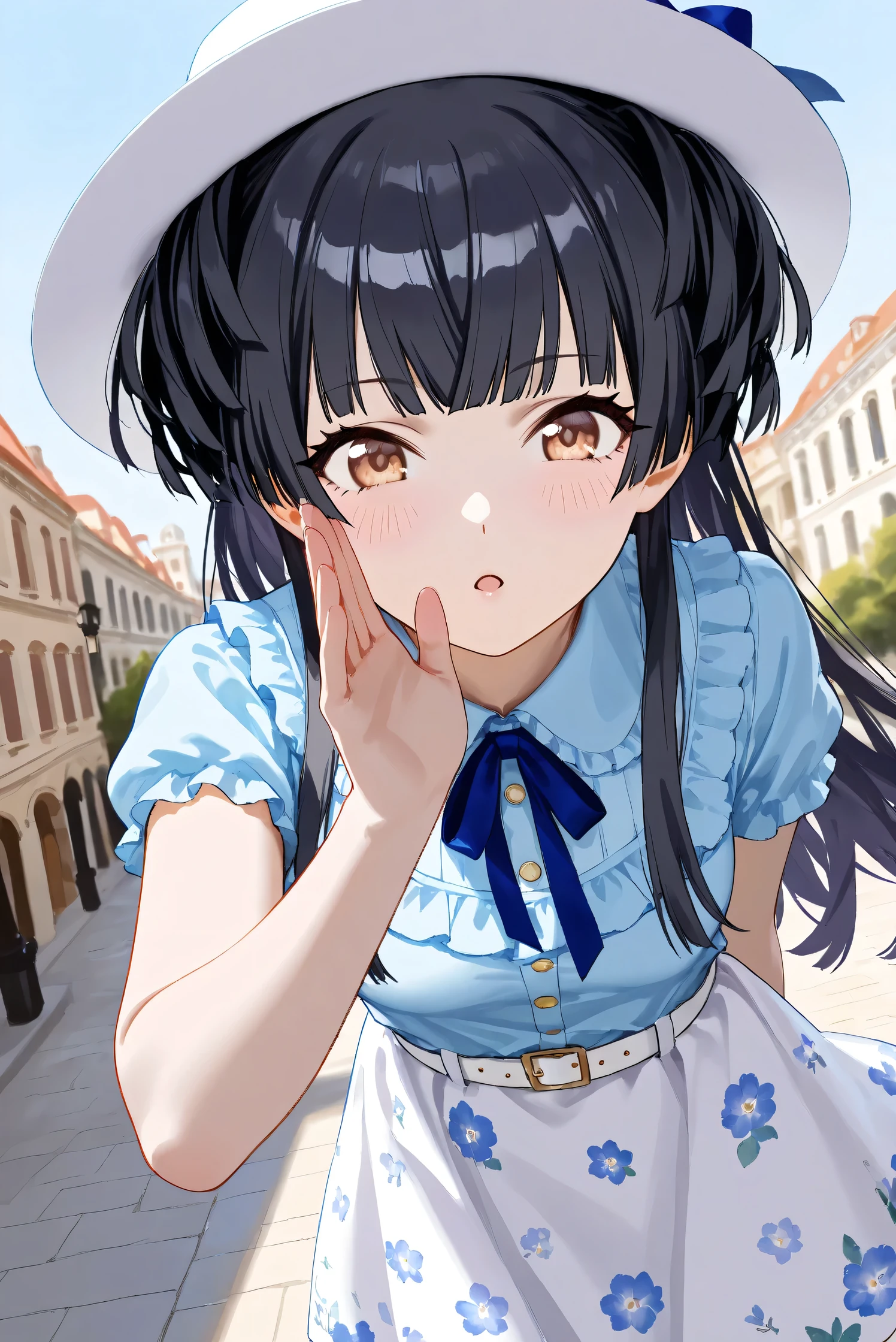 (Masterpiece), (Highest quality), (Very detailed),
(The best shape), (Best Shadow), (Absurd),
(Detailed background), (So beautiful), Shiny ,
Extraordinary, Countershading, 8k, 32K, High resolution, Beautiful eyes in every detail,
Very Detailed CG, UHD,
Score_9, Score_8_up, Score_7_up, Source_anime,
(Pastel painting:1.2), (Watercolor painting:1.2),
(Masterpiece, Detailed:1.2), (Foreshortening:1.2),
from above,
Cinematic, Dramatic, (Depth of field:1.4),
(Blurry background:1.4), (Realistic background:1.4),
(Foreshortening:1.3),Dynamic angle, 1 girl, solo,
Venice, Venice Building, Outdoor, Nature, Blue sky,
Mayuzumi Fuyuko,
The idolmaster shiny colors,
mayuzumi_fuyuko, 1girl, black hair, two side up, brown eyes, small breasts,
(Casual wear:1.3),
Light blue shirt, Short sleeves shirt, Frills
ribbon, Blue ribbon,
Skirt, White skirt, Floral print skirt, Belt, White belt,
Wide Brim Hat, (White hat:1.2), Blue ribbon,
portrait, Focus on face, close up shot,
(Blush:1.3), Whispering, talking to viewer,
lookup, pov, Leaning forward,
Realistic skin, Shiny skin,
