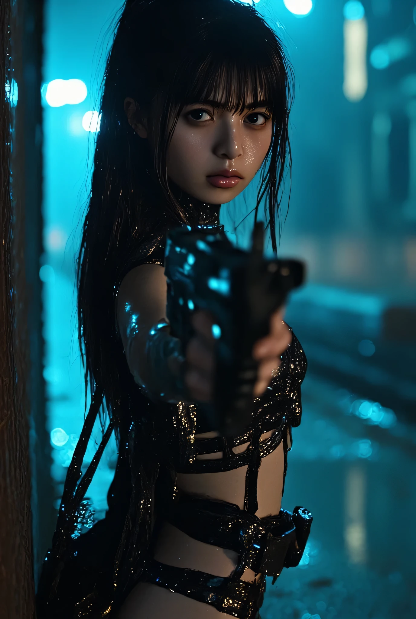 (((On a rainy night with a downpour:2.0))),(((HR Gigger style cyberpunk atmosphere:2.0))),(((Hold 2 cyberpunk-style MP5s:2.0))),(( pointing a muzzle at the viewer :2.0)),standing,((full body:2.0)),one woman,(cute face:2.0),(Beautiful well-balanced face :2.0),((long hair with bangs:2.0)),(black hair:1.5),(Beautiful Eyes:1.3),glamorous shot of an 18-year-old Japanese woman,Beautiful slender body,((model body type:2.0)),((slim body:1.7)),Perfect Body Line,ideal proportions,((small breasts:2.0)),((スリーサイズ90-55-87:2.0)),((G-cup breasts:1.5)),Big Breasts,Bare thighs,Sensual Thighs,delicate body,(succulent:1.7),harmonious posture,((Realistic breast depiction :1.7)),Carefully drawn limbs based on perfect anatomy,LED glowing ,(((translucent skin made of black glass:2.0))),((Black transparent body made of glass:2.0)),(((LED glowing 透けた骨格:2.0))),naked,((Tactical Holster:2.0)),((((Glass body:2.0)))),concept art,(Best Quality:1.5),(masterpiece:1.5),(超高resolution),resolution,UHD,(Delicate Description), carefully drawn with butterfly wings ,32k,((realistic skin texture that shows through the whole body:1.5)),(((ultra-realistic:1.5))),carefully draw eyelashes,very detailed face,Highly detailed female hand, Sexy appearance ,very sensual,(Blurry Dim Backgrounds :1.5),Professional Photography,(Dynamic Angles),(movie lights:2.0),((Blade Runner style light:2.0))