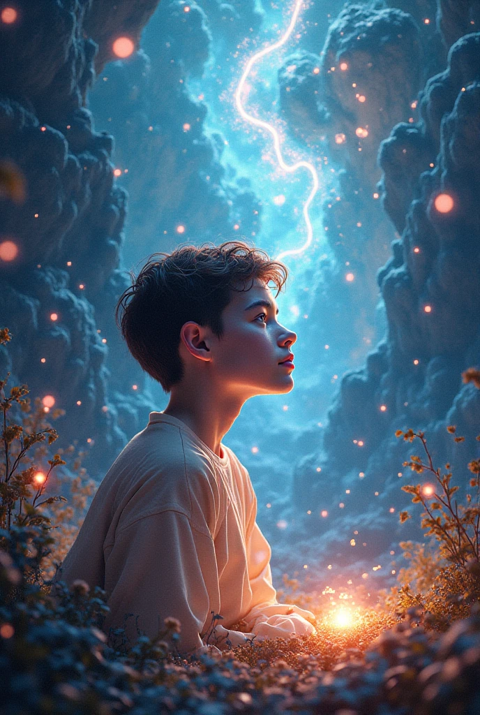 A young boy with dreams so big they spill out of his imagination, neon colored background
