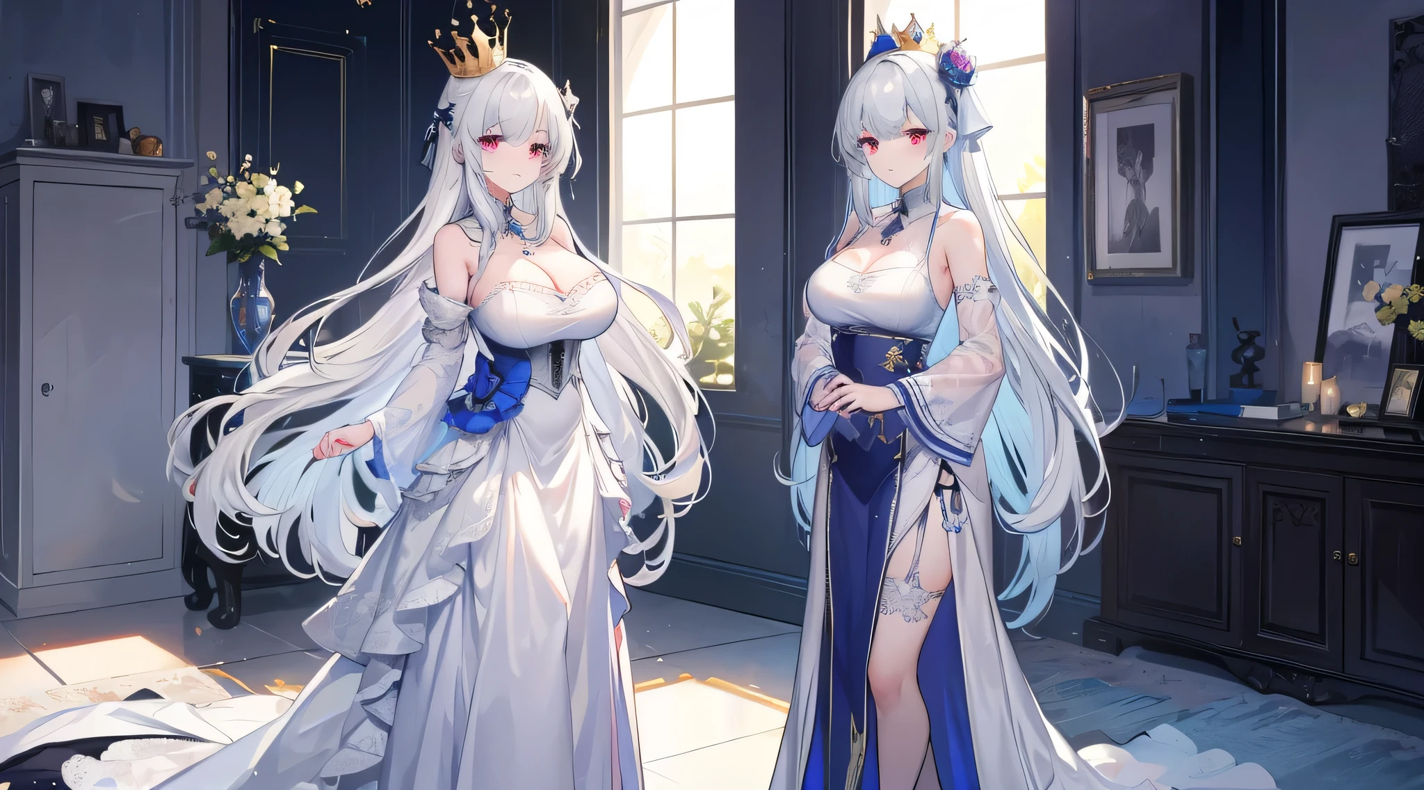 anime artstyle,((((An old queen and a teenage princess with different hair colors)))),couple focus,((absurdly long Straight hair,Red Eyes)),(((beautiful embroidery and jeweled gorgeous rococo ballgown with voluminous full length crinoline hoop skirt))),(((absurdly gigantic tits,curvy))),deep cleavage,Skindentation,((detailed face and eyes)),extremely gorgeous hair ornament,((extremely gorgeous big tiara)),luxurious jewelry,((beautiful embroidery and jeweled gorgeous rococo ballgown with voluminous full length crinoline hoop skirt)),(((absurdly gigantic tits))),gorgeous palace,((standing pose,Contrasting poses)),((((Arrogant smile)))),(An old queen and a teenage princess with different hair colors))