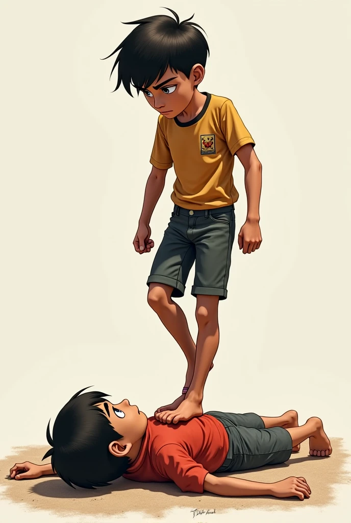 Keep the boy's body strong and correctly anatomical in a storyboard scene, remasterize-o como um desenho animado simples e estilizado no estilo de arte conceitual em Photoshop.