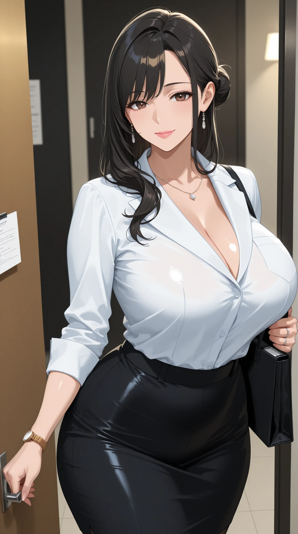 masterpiece, highest quality, (((ルーシー・ピンダーに似たソロmature woman))), (((brown hair))), long hair, big breasts, full legs, tight pants, office look, enchanting smile, big tits, buttoned up blouse see through, "Beautiful adult face" , 30 years old , mature woman , adult