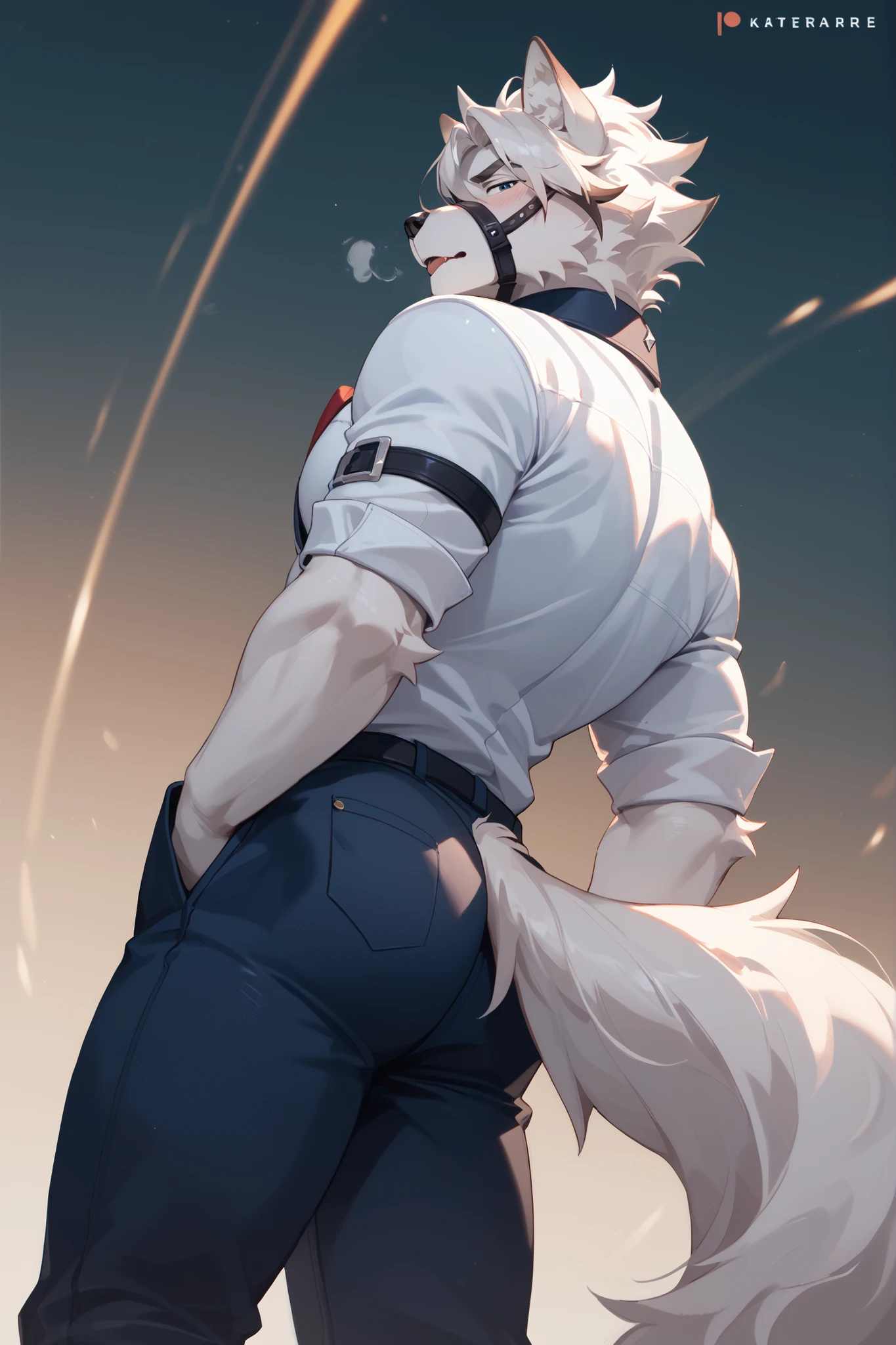 (Masterpiece, absurdres, topquality) 1boy, solo, maturemale, dilf, von lycaon, wolf anthro ,looking at viewer, focus butt, blushing, dynamic background, dynamic pose, low angle, standing, from behind, ahegao