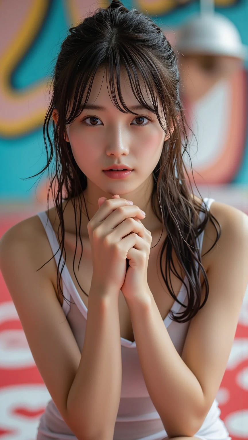 ((top quality, 8k, masterpiece: 1.3)), women (full body portrait, front, naked towel, slouch, cleavage, inside_sauna: 1.6), inside the sauna room, overhead camera, sharp focus: 1.2, cute women: 1.4, ((brown hair, ponytail)), highly detailed face and skin and hair texture, wet body, wet face, wet hair, detailed eyes, double eyelids, White skin, beautiful delicate nose, cute young Japan woman, 20 years old, with dynamic angles, creating melancholy emotions characterized by calm tones and contrasting mixes of light and shadow, while emphasizing the subject's hair, eyes, mouth and action, it is a composition pleasing to the eye and suggestive.