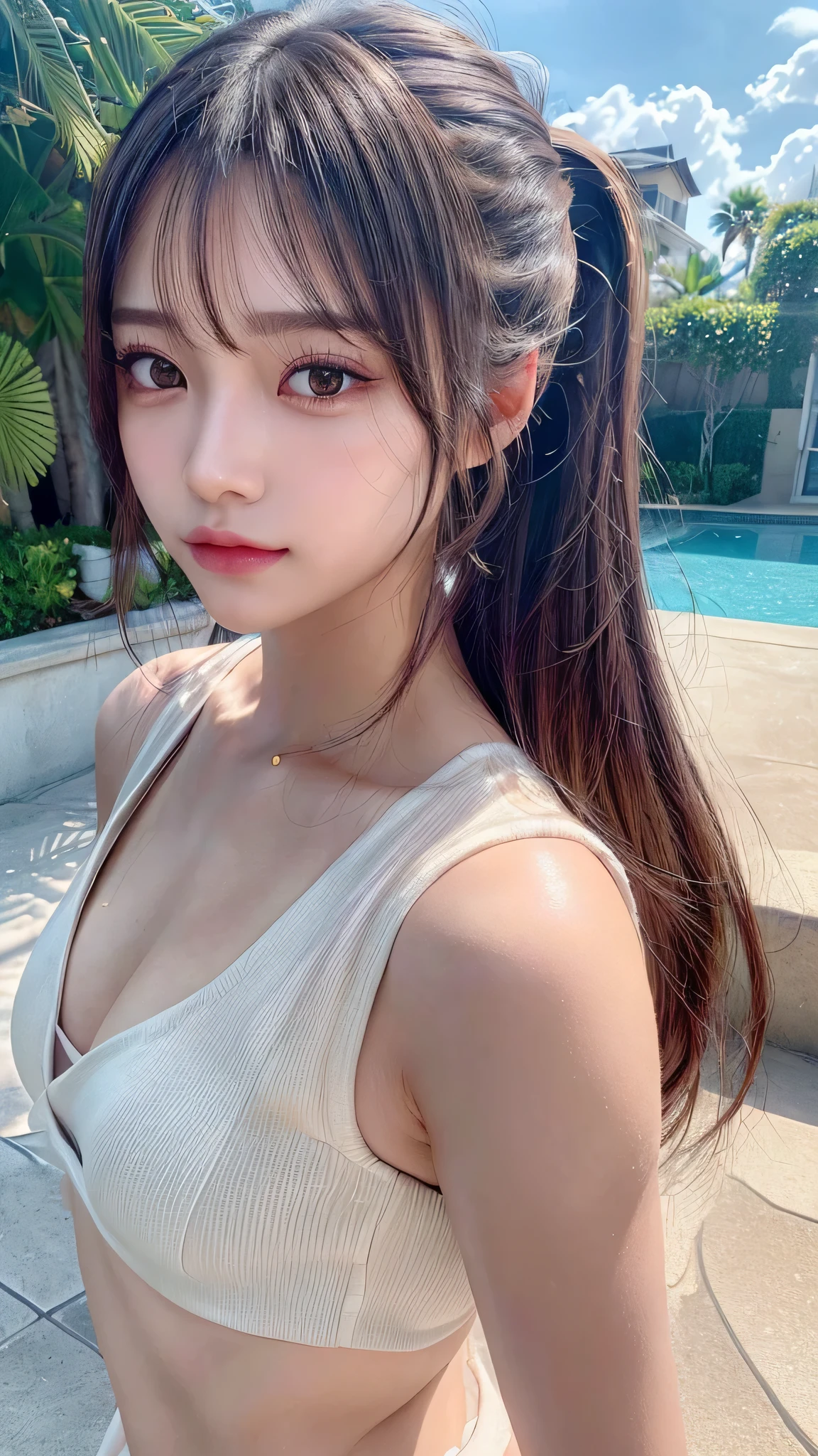 Beach,resort,Sexy White Bikini,Blushing,Facing forward,Close-up of face,Small breasts,14 years old,Long hair ponytail,((8K, Raw photo, Best Quality, Mastepiece:1.2), (Realism, Photorealistic:1.4), (Highly detailed 8K wallpapers), Depth of written boundary, Cinematic Lighting, Soft Light, Detailed Beauty Eye,Shiny and smooth light brown ponytail, Asymmetrical bangs, Shiny skin, Ultra-detailed skins ,It is high resolution., High detail, Detailed hairstyle, Detailed facial beauty, Hyper-realistic, Perfect limbs, Perfect Anatomy ,1 Japanese girl,Famous Japanese Idols, Perfect female body,A shy smile,Short eyelashes,Double-edged eyelids,Look straight here,Hair style: ponytail,Close-up of face