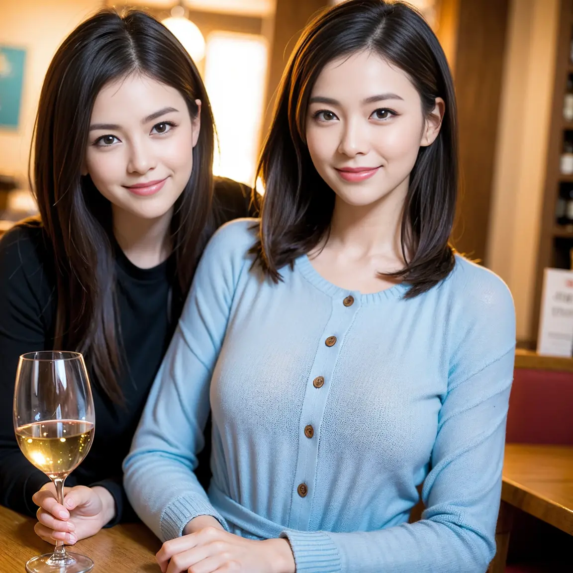 ((Highest quality、8K、masterpiece:1.3))、1 male、1 female、Couple、spouse、Couple、The body is slim、((Bob Hale、Straight hair:1.2)), (Realistic, Intricate details:1.2), テーブルの上のwine glass、Put the light on your face、 Amazing view of the sunset sky and clouds、Amazing mountain views、A bright smile、The wonderfulness of smile、Bright image、The beauty of wine, Beautiful Face, blue eyes, The light shines on your face, Blushing, short hair,Bright Face、 (Age 37), 39 years old, red wine 、Appetizers、Italian food、Wine bottle、Champagne、sparkling wine、Two beauties、Brown Hair、Shortcuts、Long sleeve shirt、dress、Beautiful woman 1, (slimな顔), (The body is slim), (Brown Hair), (Shortcuts), cheeks turn a little red,Attractive beauty、restaurant, In a prominent place (From the waist up) Nova Frog Style, actress, model, Upper Body, White wine, slim, wine glass, 中央に置かれたwine glass, smile, (smile: 1.15), Beautiful fine grain, Depth f/2,saturation, High Contrast, Strong light and shadow,Moist Body:1.5、3D texture、Delicate eyes、Brown Hair、The hair is very shiny、