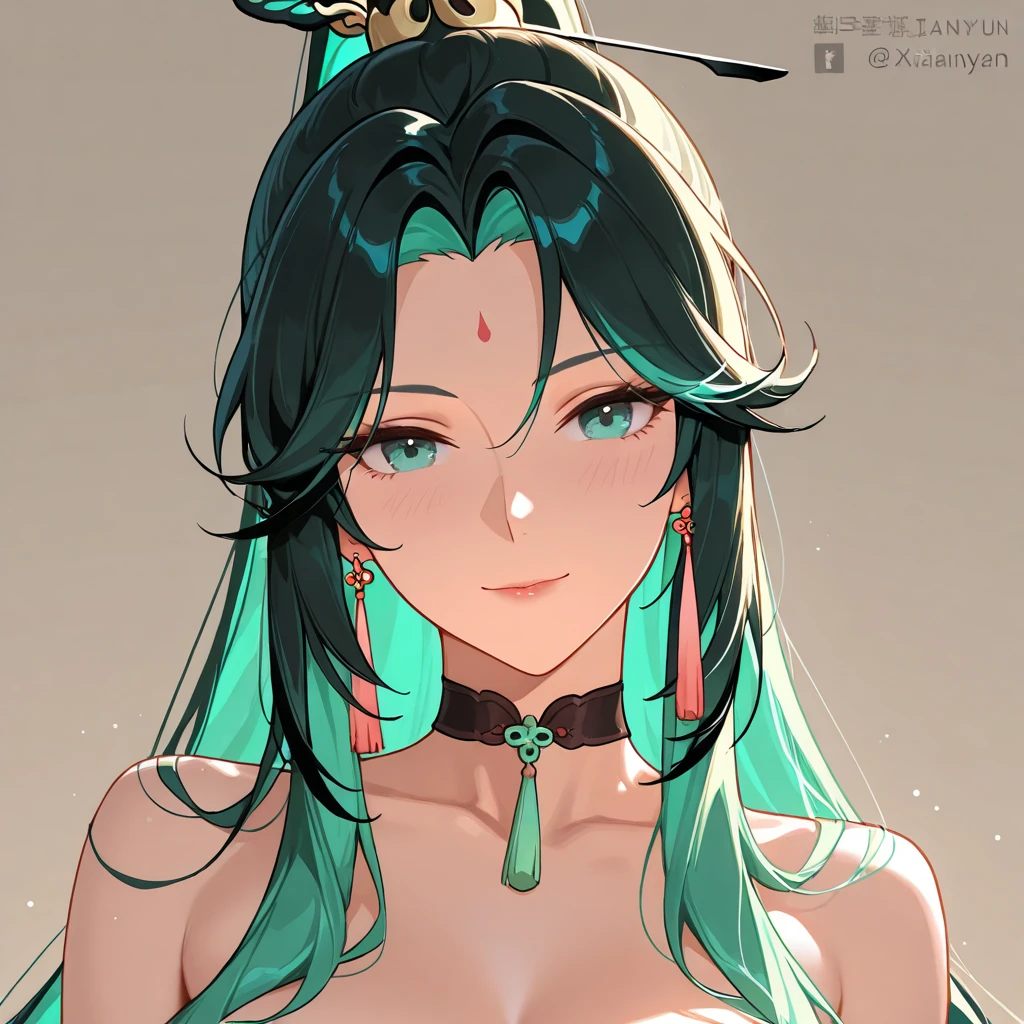 Ram、China dress、Green Hair、Bun Hair、Upper Body、Close-up of face、Large Breasts、masterpiece、Simple Background、Highest quality