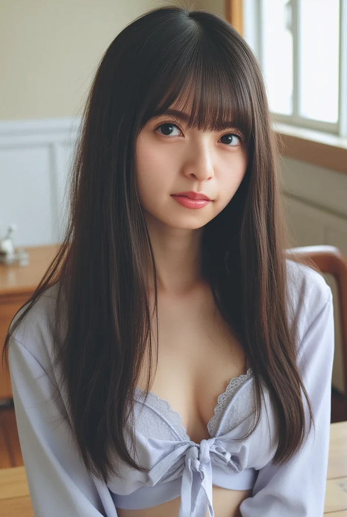 ((highest quality)), ((masterpiece)), (be familiar with), perfect face french perfect beauty　perfect french beauty face　Perfectly proportioned French girl around 12 years old。girl around 12 years old　Sexy elementary school student around 12 years old　A bewitching elementary school girl around 12 years old　A girl around 12 years old with huge breasts and super straight long black hair who looks like an idol.。　Super straight long hair that reaches down to her waist　very detailed hair　very dense skin　Neat bangs　Bangs are Hime cut. Perfect body.　big big tits　
She is studying seriously in the window seat in the classroom.。I have a pencil。I&#39;m thinking too much and I&#39;m pulling my side hair over my ears.。That gesture is super cute。she looks serious。