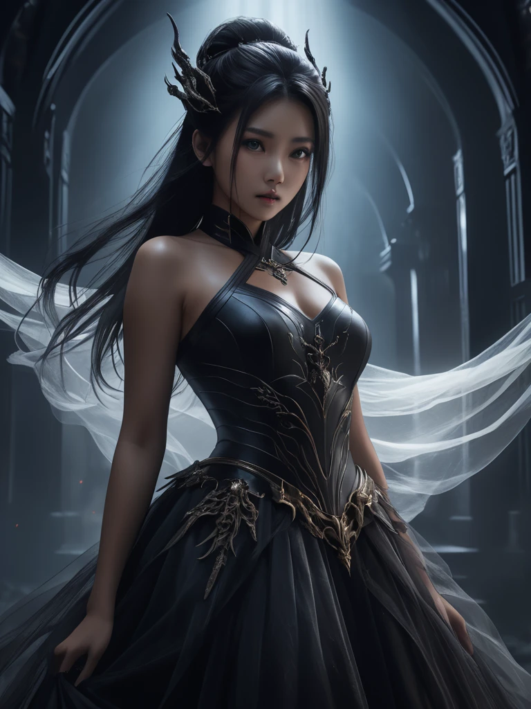 AddXL, Masterpiece, best quality, ultra detailed, extremely detailed, vibrant colour, ultra quality, focus on girl, 1girl, solo, sensual, seductive_smile, looking at viewer, sweat, INKxXmo Dark Theme, Shaded Face, keqing genshin impact, black dress, long dress, black thigs, cute female, mommy, read book, moonlight, glowneon, glowing, glowing eyes, beautiful eyes, melody, elbow gloves, in cathedral