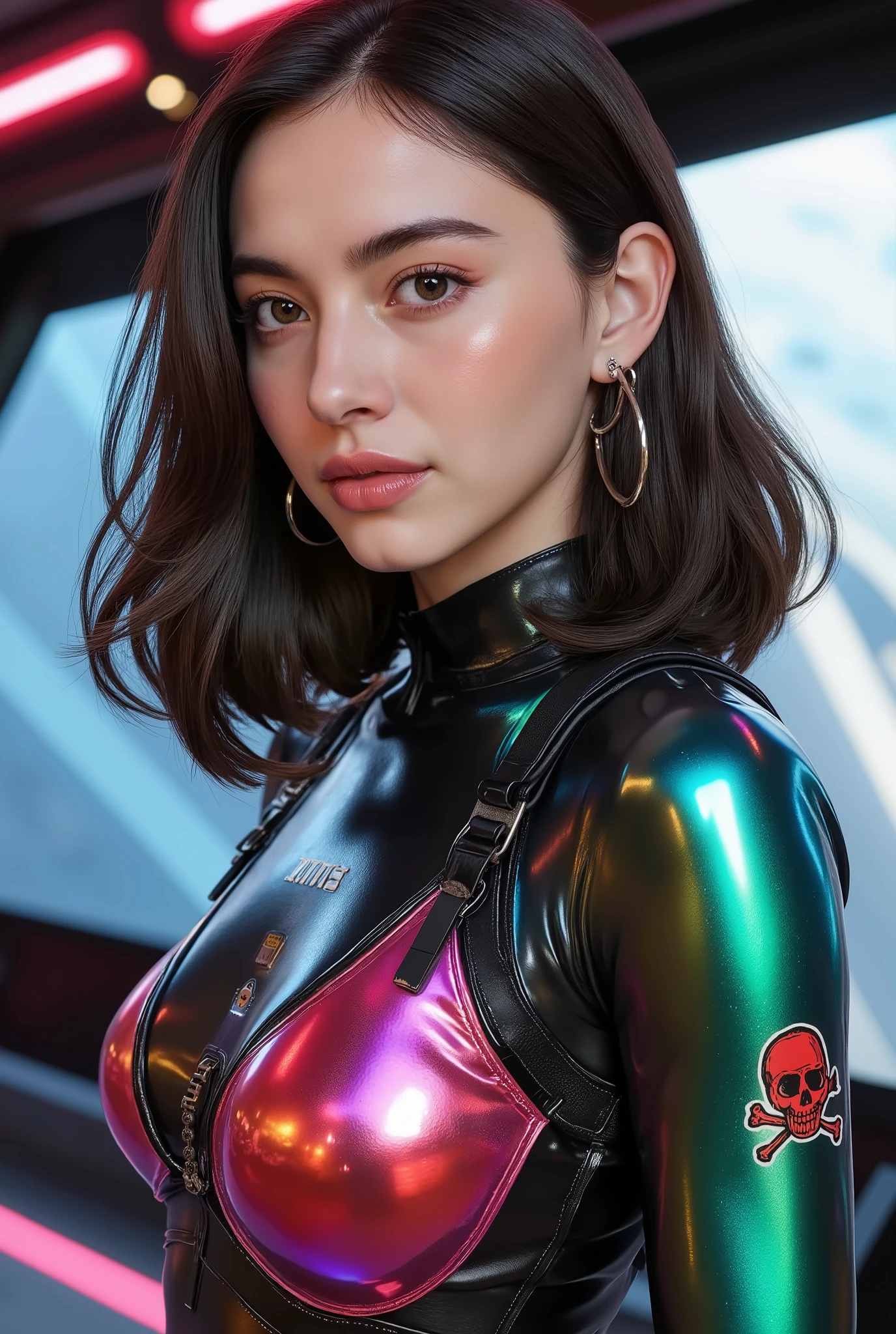 ((top quality)), (Masterpiece)), ( Details: 1.4), 3d, An absurd resolution, high definition, (Masterpiece: 1.4), ultra detail , 1 beautiful Mexican girl, image of the futuristic pirate woman, skull and crossbones mark, female space pirate, Shiny brown short hair, beautiful iridescent eyes, beautiful faces, toned body, muscular, 20 years old, seductive smiling, Spaceship, floating, small, (matte black and pearl scaret and green Space Suit:1.4), Tight fitting space suit that accentuates the body lines, Spaceship, window, future, dynamic poses, Costume Change