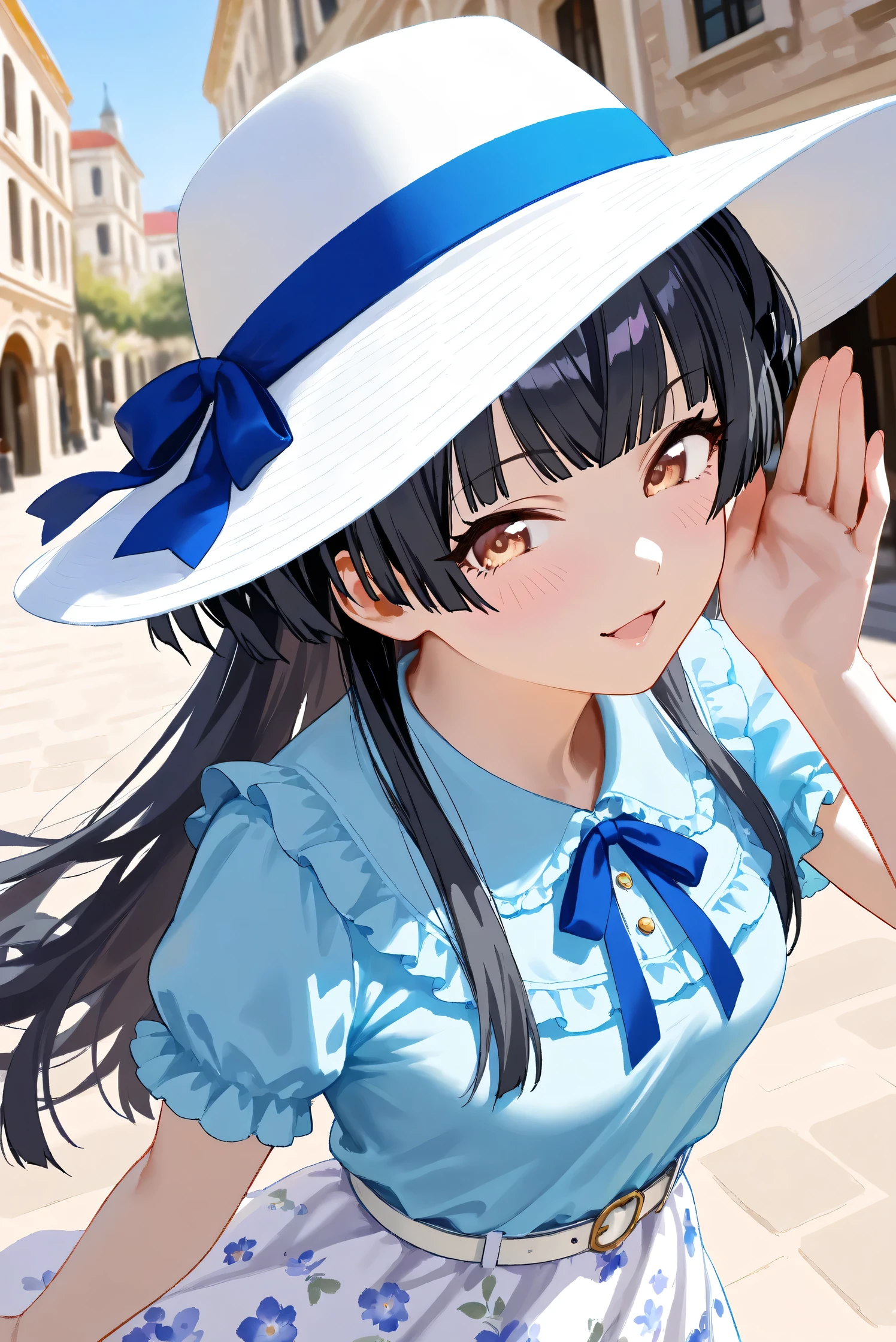 (Masterpiece), (Highest quality), (Very detailed), 
(The best shape), (Best Shadow), (Absurd), 
(Detailed background), (So beautiful), Shiny , 
Extraordinary, Countershading, 8k, 32K, High resolution, Beautiful eyes in every detail,
Very Detailed CG, UHD,

Score_9, Score_8_up, Score_7_up, Source_anime, 
(Pastel painting:1.2), (Watercolor painting:1.2),
(Masterpiece, Detailed:1.2), (Foreshortening:1.2),

from above,

Cinematic, Dramatic, (Depth of field:1.4),
(Blurry background:1.4), (Realistic background:1.4),
(Foreshortening:1.3),Dynamic angle, 1 girl, solo,
Venice, Venice Building, Outdoor, Nature, Blue sky, 

Mayuzumi Fuyuko,
The idolmaster shiny colors,
mayuzumi_fuyuko, 1girl, black hair, two side up, brown eyes, small breasts,

(Casual wear:1.3),
Light blue shirt, Short sleeves shirt, Frills
ribbon, Blue ribbon,
Skirt, White skirt, Floral print skirt, Belt, White belt,
Wide Brim Hat, (White hat:1.2), Blue ribbon,

portrait, Focus on face, (close up shot:1.2),
(Blush:1.3), Whispering, talking to viewer, 
lookup, pov, seductive smile, Gondola ride
Realistic skin, Shiny skin,