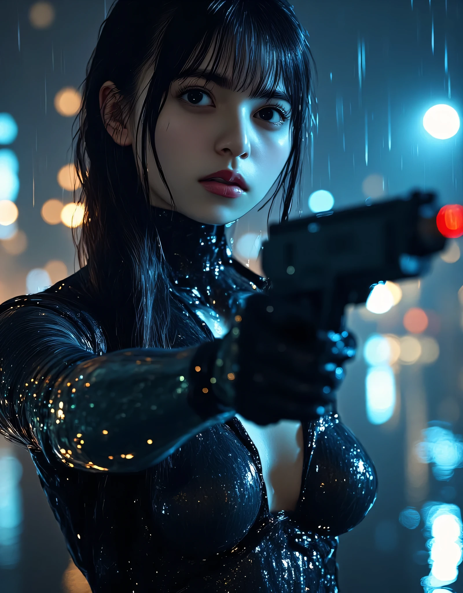 (((On a rainy night with a downpour:2.0))),(((HR Gigger style cyberpunk atmosphere:2.0))),(((Hold 2 Cyberpunk-style MP5 submachine guns:2.0))),(( pointing a muzzle at the viewer :2.0)),standing,((full body:2.0)),one woman,(cute face:2.0),(Beautiful well-balanced face :2.0),((long hair with bangs:2.0)),(black hair:1.5),(Beautiful Eyes:1.3),glamorous shot of an 18-year-old Japanese woman,Beautiful slender body,((model body type:2.0)),((slim body:1.7)),Perfect Body Line,ideal proportions,((small breasts:2.0)),((スリーサイズ90-55-87:2.0)),((G-cup breasts:1.5)),Big Breasts,Bare thighs,Sensual Thighs,delicate body,(succulent:1.7),harmonious posture,((Realistic breast depiction :1.7)),carefully depicts limbs based on perfect anatomy,LED glowing ,(((translucent skin made of black glass:2.0))),((Black transparent body made of glass:2.0)),(((LED glowing 透けた骨格:2.0))),naked,((Tactical Holster:2.0)),((((Glass body:2.0)))),concept art,(Best Quality:1.5),(masterpiece:1.5),(超高resolution),resolution,UHD,(Delicate Description), carefully drawn with butterfly wings ,32k,((realistic skin texture that shows through the whole body:1.5)),(((ultra-realistic:1.5))),carefully draw eyelashes,very detailed face,Highly detailed female hand, Sexy appearance ,very sensual,(Blurry Dim Backgrounds :1.5),Professional Photography,(Dynamic Angles),(movie lights:2.0),((Blade Runner style light:2.0))