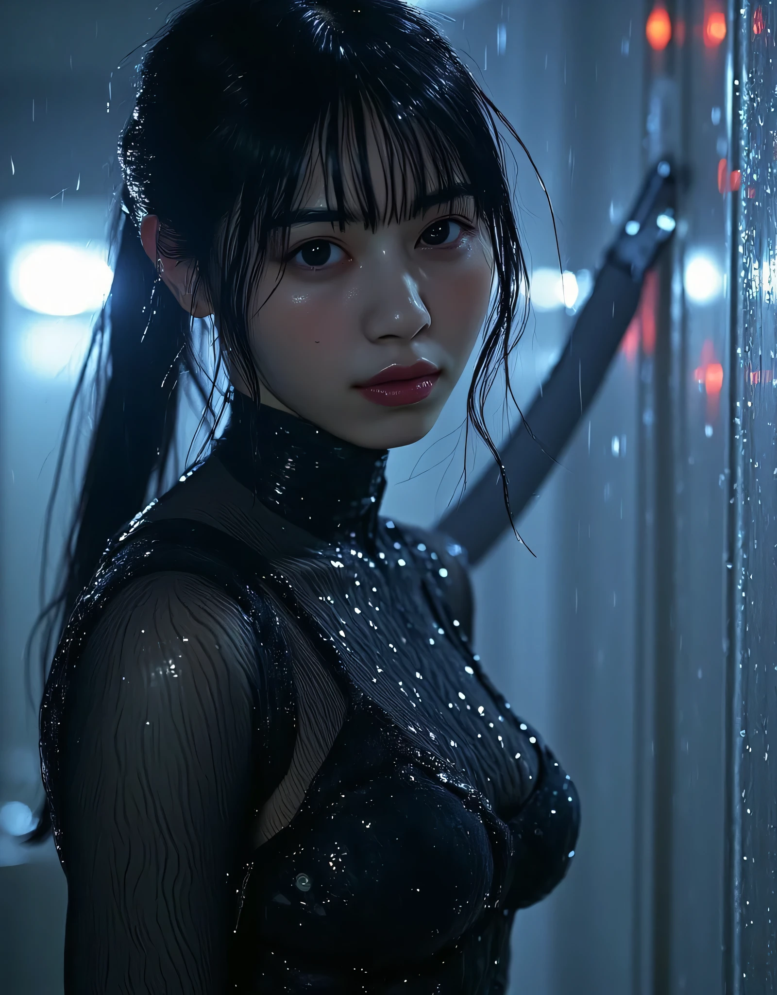 (((On a rainy night with a downpour:2.0))),(((HR Gigger style cyberpunk atmosphere:2.0))),(((Hold 2 Cyberpunk-style MP5 submachine guns:2.0))),(( pointing a muzzle at the viewer :2.0)),standing,((full body:2.0)),one woman,(cute face:2.0),(Beautiful well-balanced face :2.0),((long hair with bangs:2.0)),(black hair:1.5),(Beautiful Eyes:1.3),glamorous shot of an 18-year-old Japanese woman,Beautiful slender body,((model body type:2.0)),((slim body:1.7)),Perfect Body Line,ideal proportions,((small breasts:2.0)),((スリーサイズ90-55-87:2.0)),((G-cup breasts:1.5)),Big Breasts,Bare thighs,Sensual Thighs,delicate body,(succulent:1.7),harmonious posture,((Realistic breast depiction :1.7)),carefully depicts limbs based on perfect anatomy,LED glowing ,(((translucent skin made of black glass:2.0))),((Black transparent body made of glass:2.0)),(((LED glowing 透けた骨格:2.0))),naked,((Tactical Holster:2.0)),((((Glass body:2.0)))),concept art,(Best Quality:1.5),(masterpiece:1.5),(超高resolution),resolution,UHD,(Delicate Description), carefully drawn with butterfly wings ,32k,((realistic skin texture that shows through the whole body:1.5)),(((ultra-realistic:1.5))),carefully draw eyelashes,very detailed face,Highly detailed female hand, Sexy appearance ,very sensual,(Blurry Dim Backgrounds :1.5),Professional Photography,(Dynamic Angles),(movie lights:2.0),((Blade Runner style light:2.0))