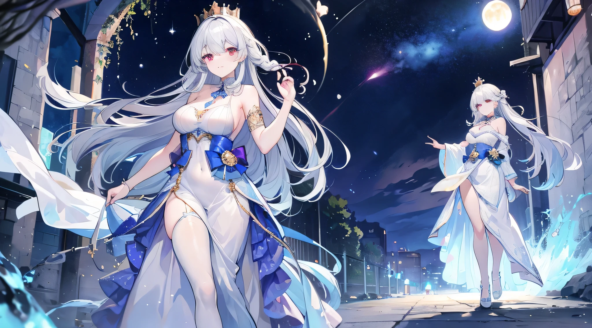 1 girl of Israelian pride, deep blue and silver hair, personification of hope, rising sun in the background, open field, the star of David, long hair, glowing butterflies, standing proud, six-sided star hair piece, long flowy dress, tall, the hope, flag of Israel, crown, 21 years old, mature, soft smile, SFW