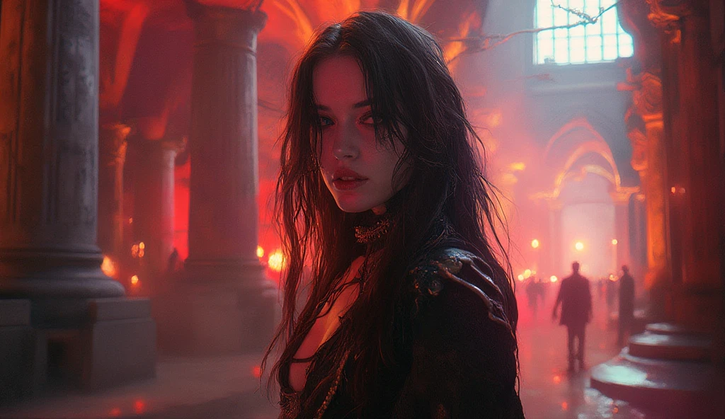 Create a vivid and chilling depiction of a soul-sucking, extraordinarily beautiful demon woman. Explore the sinister allure in her presence, blending the supernatural elements of her demonic nature with the mesmerizing charm that captivates those unfortunate enough to cross her path